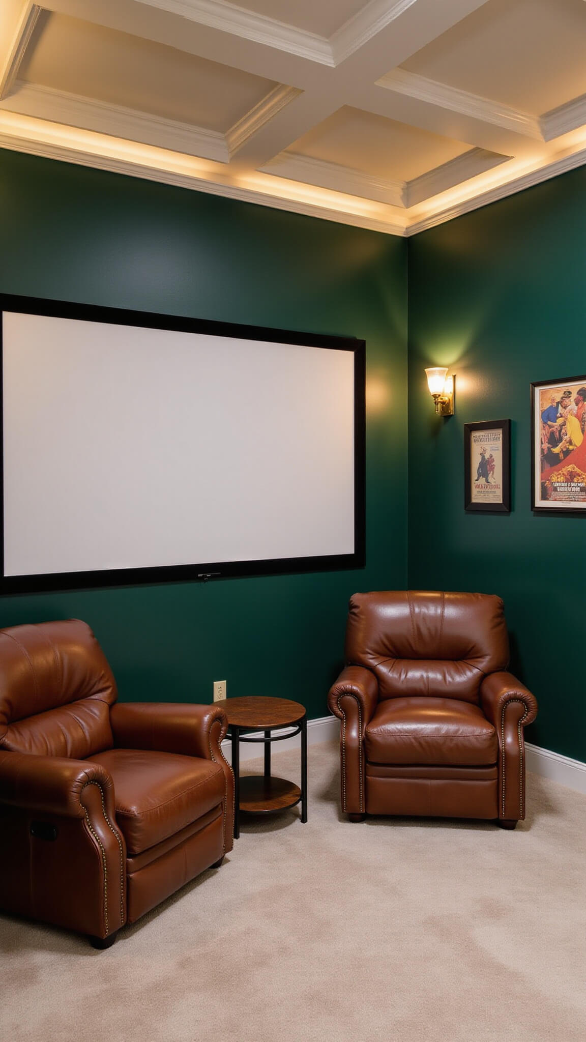 Cozy 8'x10' basement theater nook with green walls, cream coffered ceiling, leather recliners, and large projector screen, softly lit by copper sconces and LED ceiling strips.