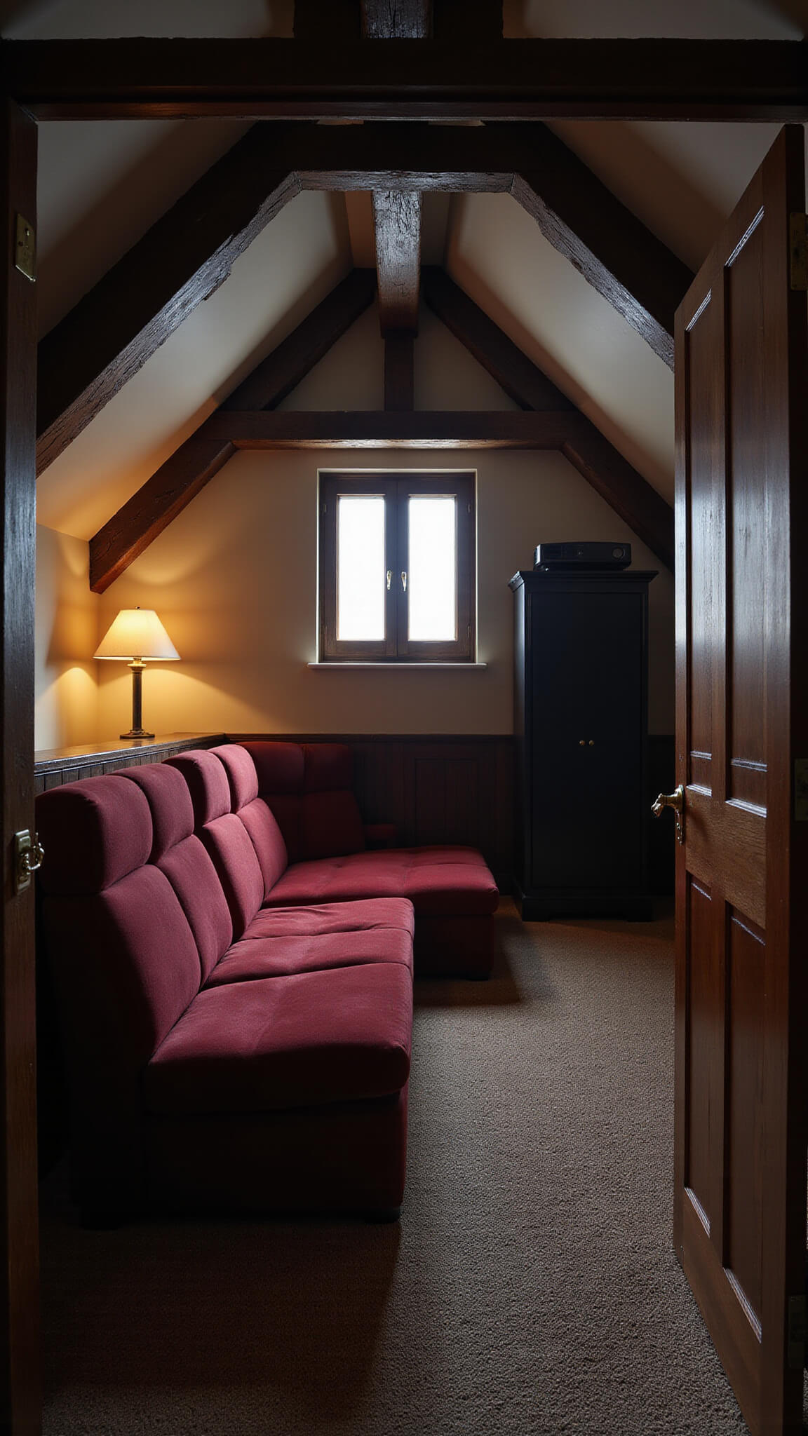 Cozy attic theater with sloped ceiling, burgundy velvet seating, matte black media cabinet, ceiling-mounted projector, and golden hour light streaming through a small window.