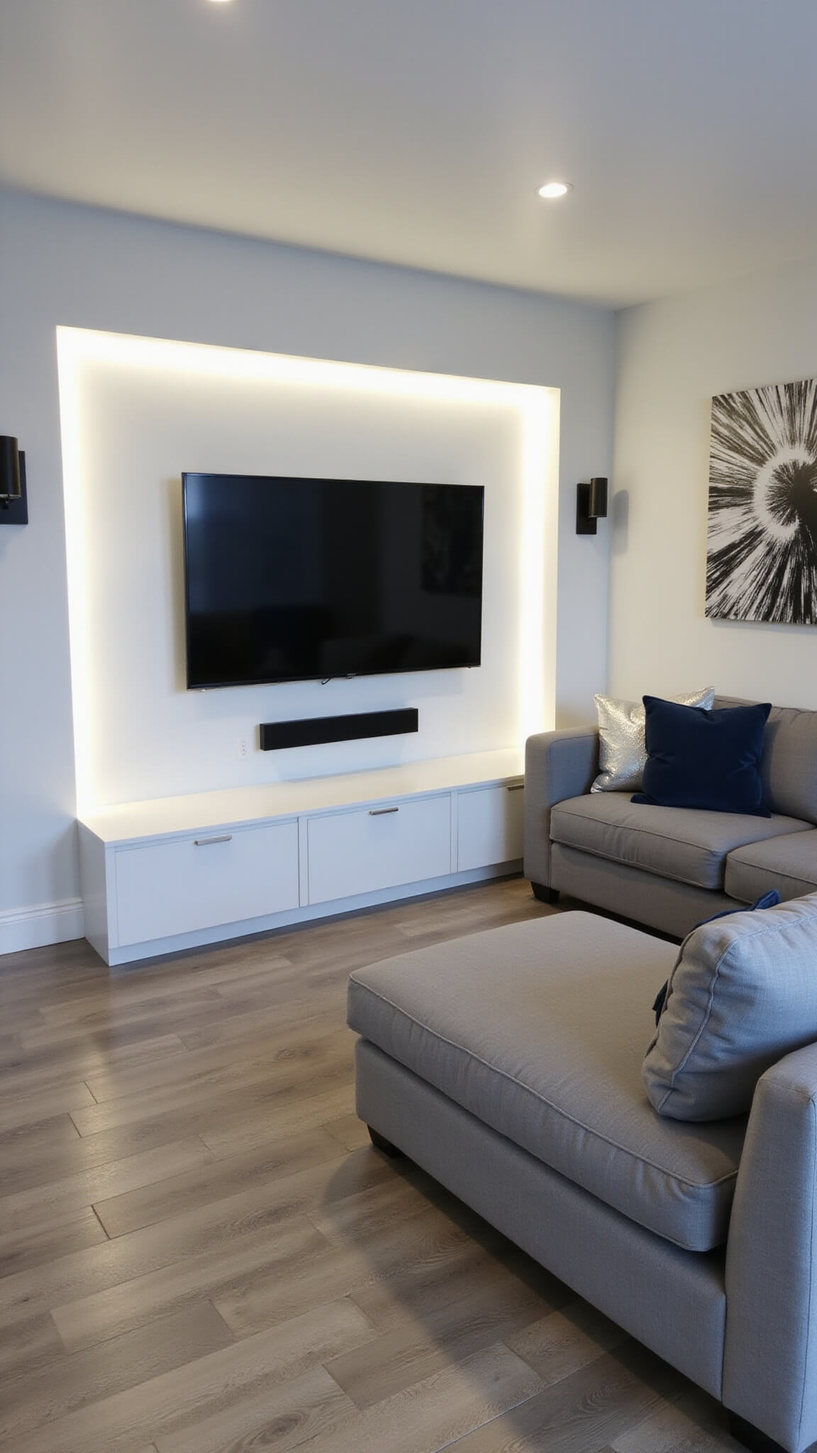 Modern 10'x14' living room theater with gray sectional, 75" TV framed by white built-ins, navy and silver accents, and cool LED lighting.