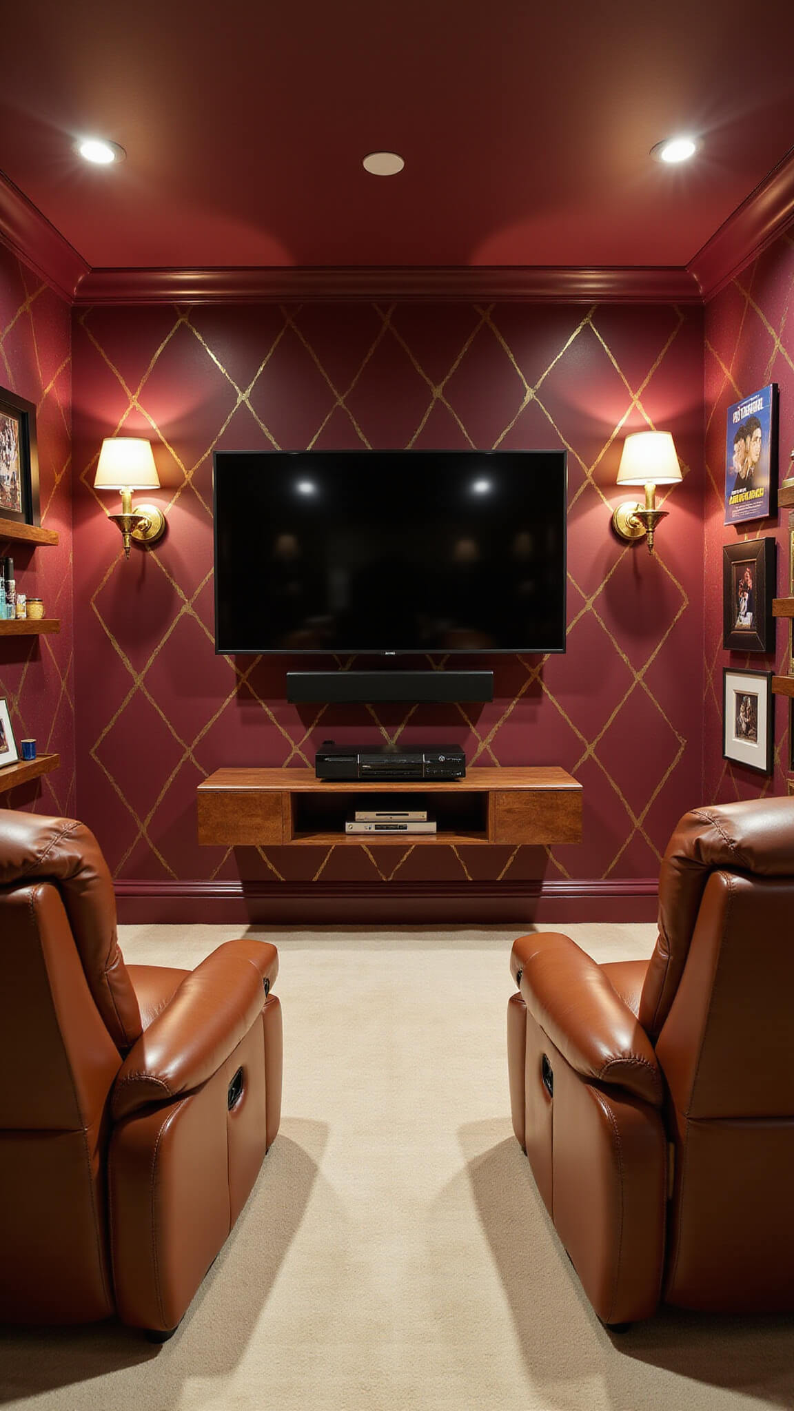 Cozy 8'x8' walk-in closet theater with burgundy and gold walls, two cognac leather recliners, mounted 55" TV, brass Art Deco sconces, cream carpet, and floating shelves with movie memorabilia.