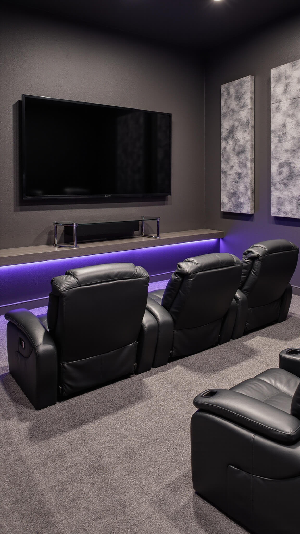 Corner basement home theater with charcoal textured walls, black leather recliners on stadium platform, 85-inch TV, purple LED lighting, chrome-glass tables, and grayscale acoustic panels.