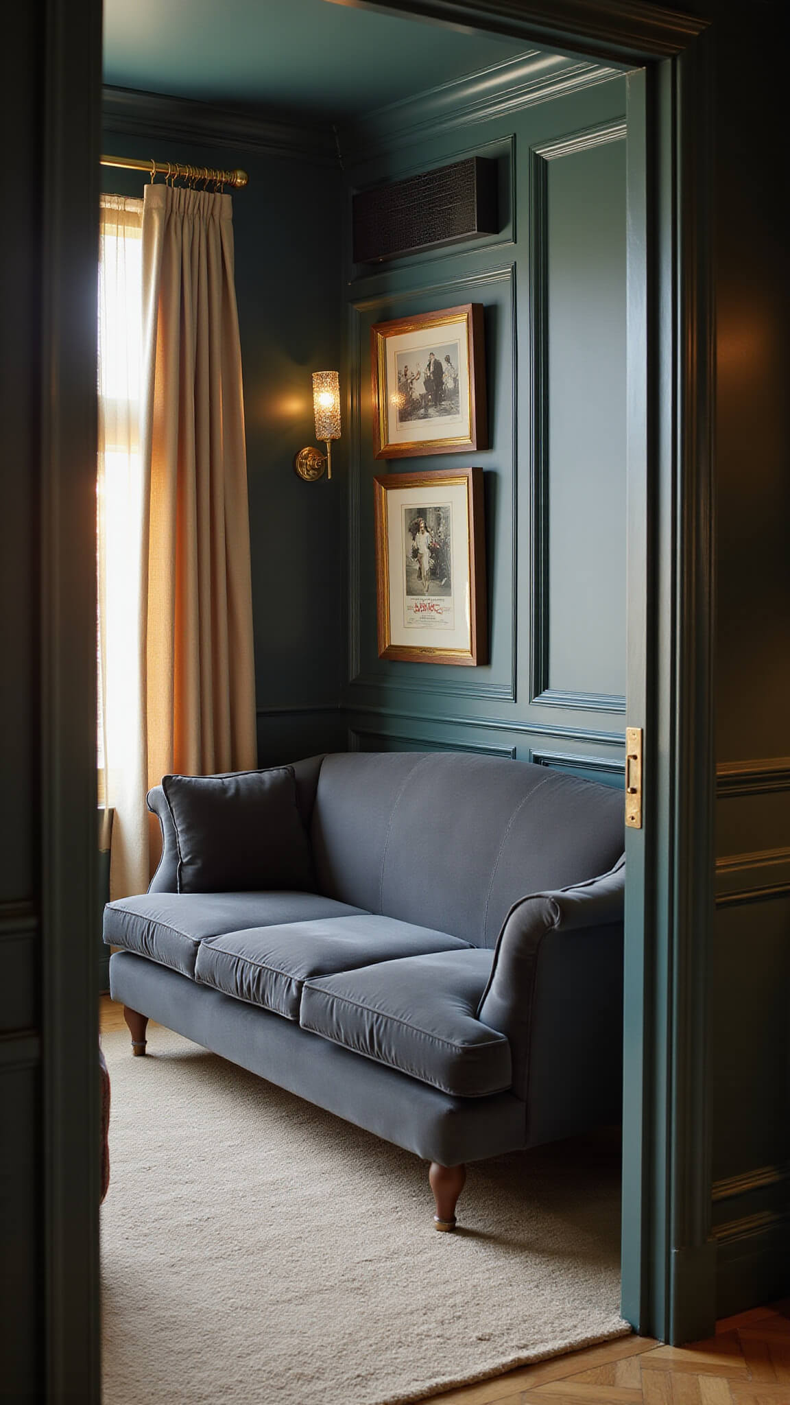 Luxurious 11'x13' home theater with dark teal metallic walls, slate gray velvet loveseat, custom media wall, vintage movie posters in illuminated frames, and golden late afternoon light filtering through sheer curtains.