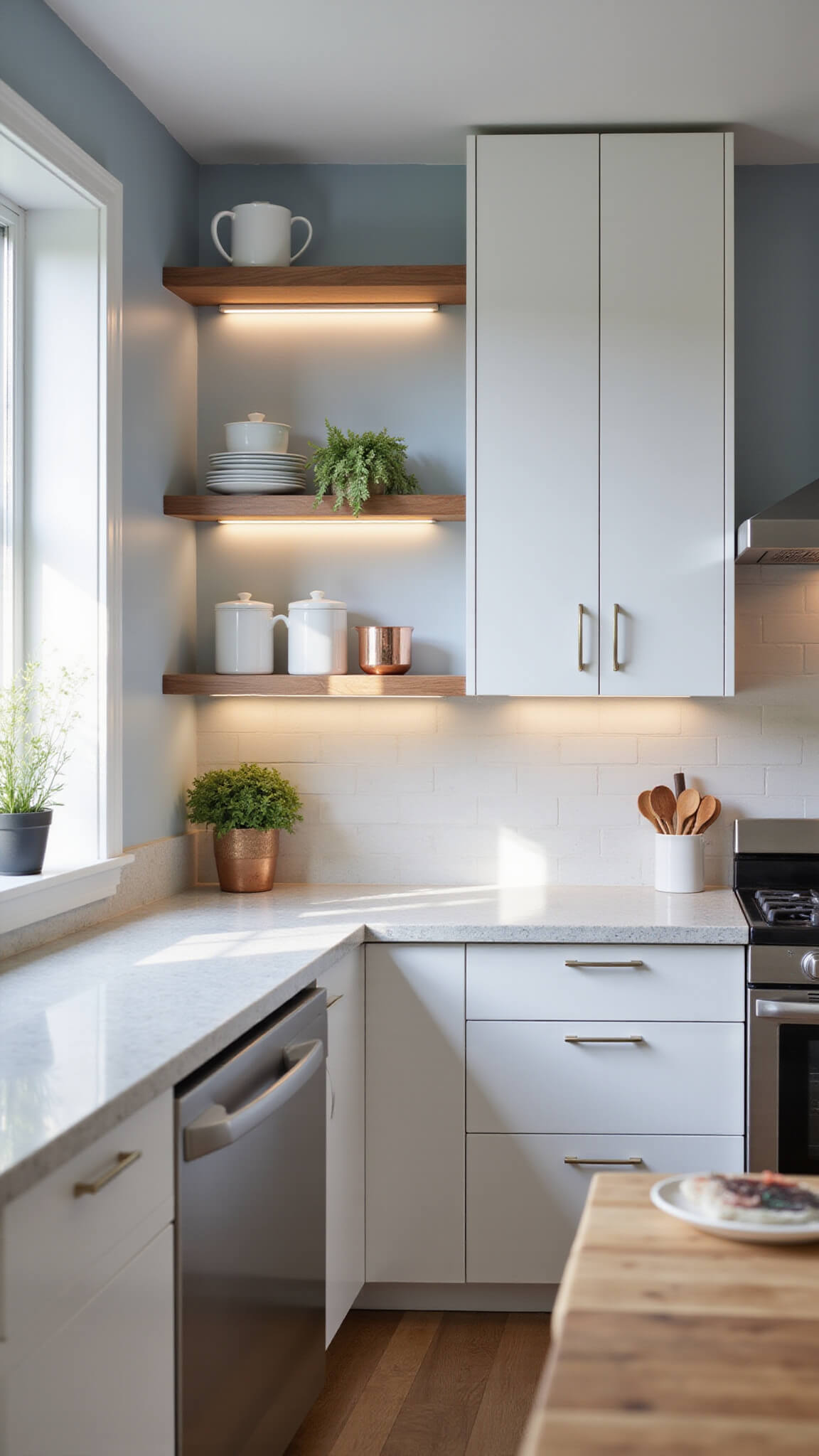 Minimalist 8x10ft apartment kitchen with white cabinets, copper cookware, stainless steel island, and morning sunlight through a window.