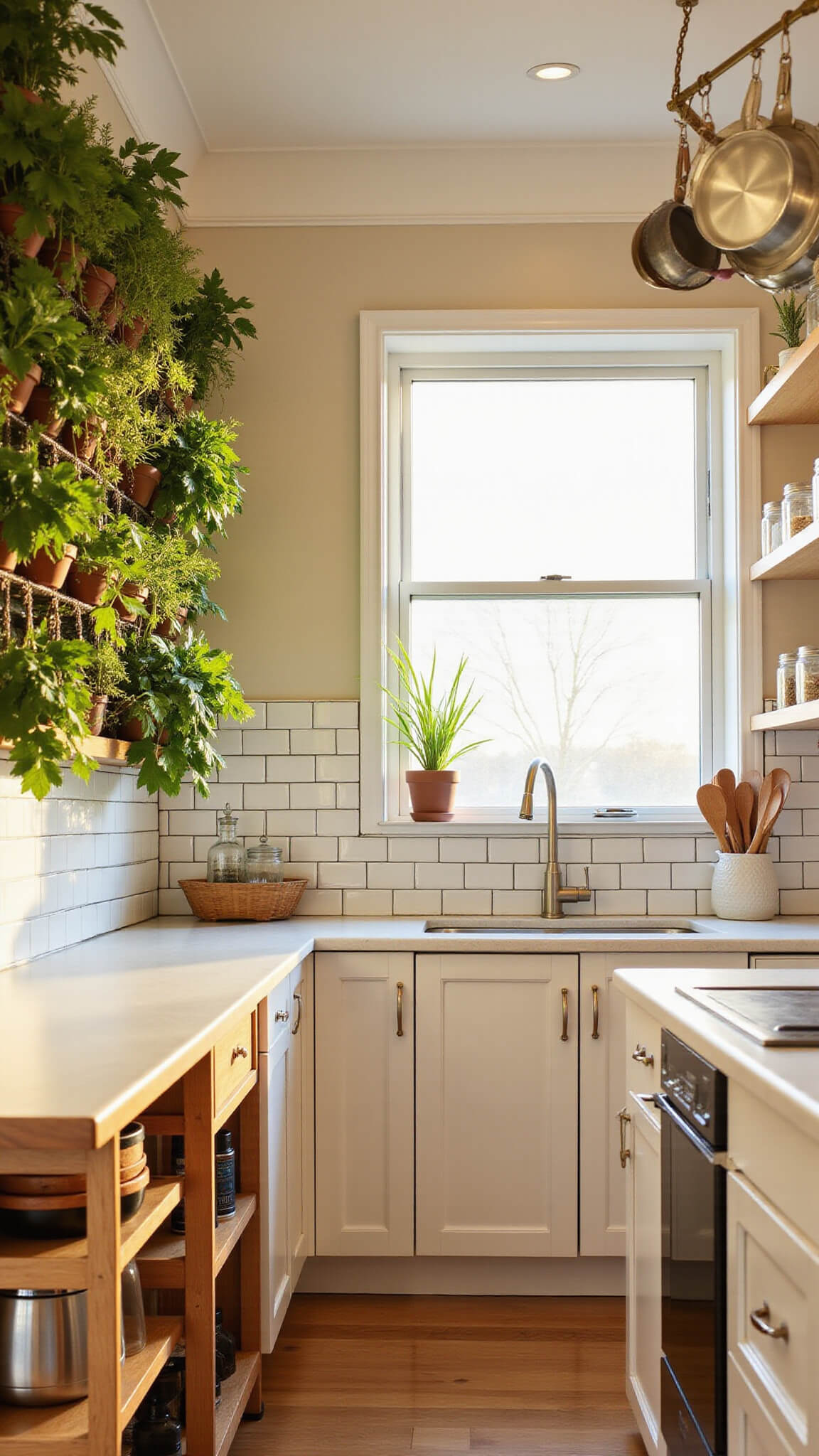 Compact galley kitchen at golden hour with vertical herb garden, white subway tile backsplash, brass pot rack, white shaker cabinets, oak shelves, and bamboo cart under window.