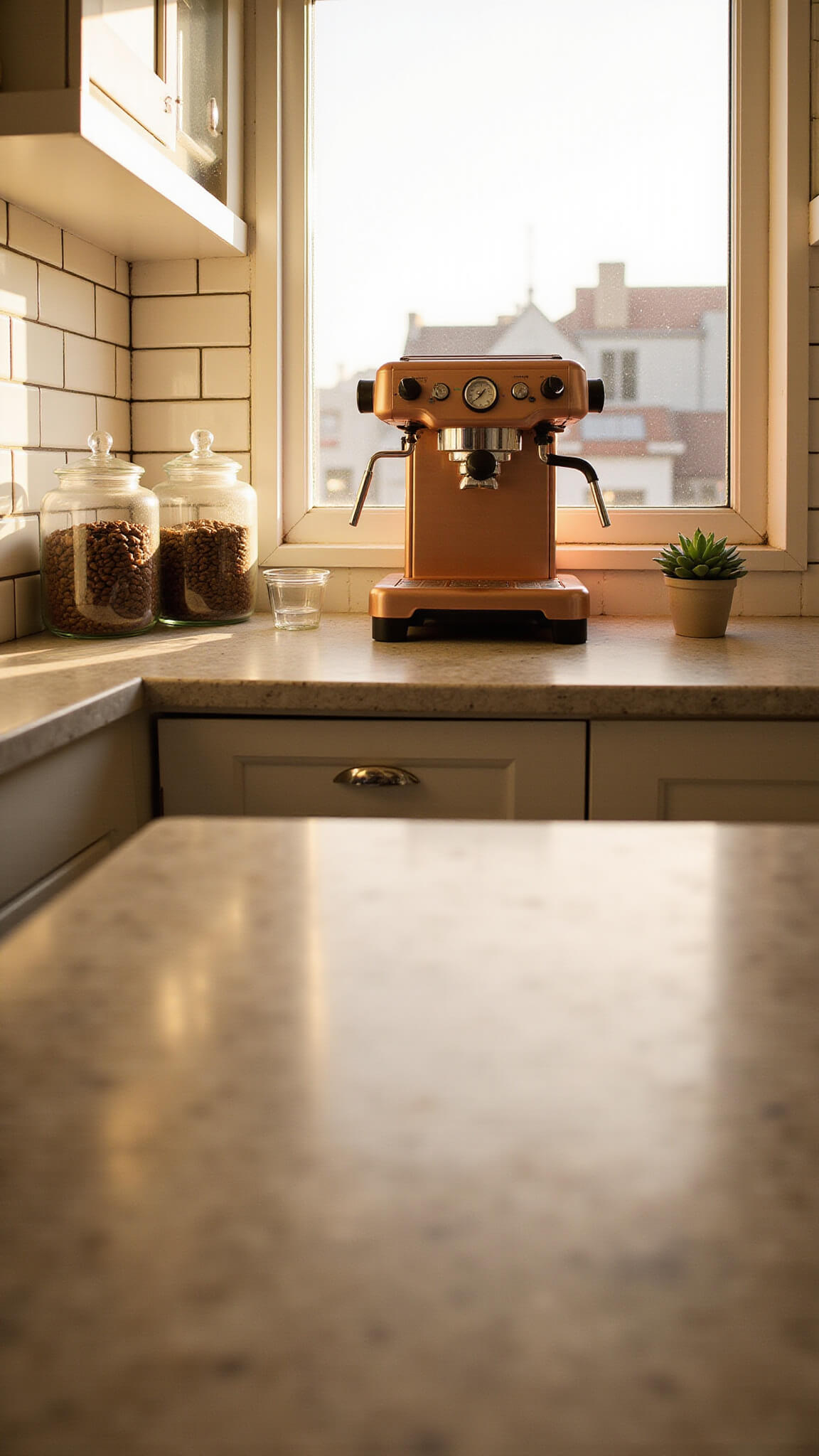 Low-angle view of a cozy coffee station with copper espresso machine, glass canisters, and succulent bathed in warm sunrise light.