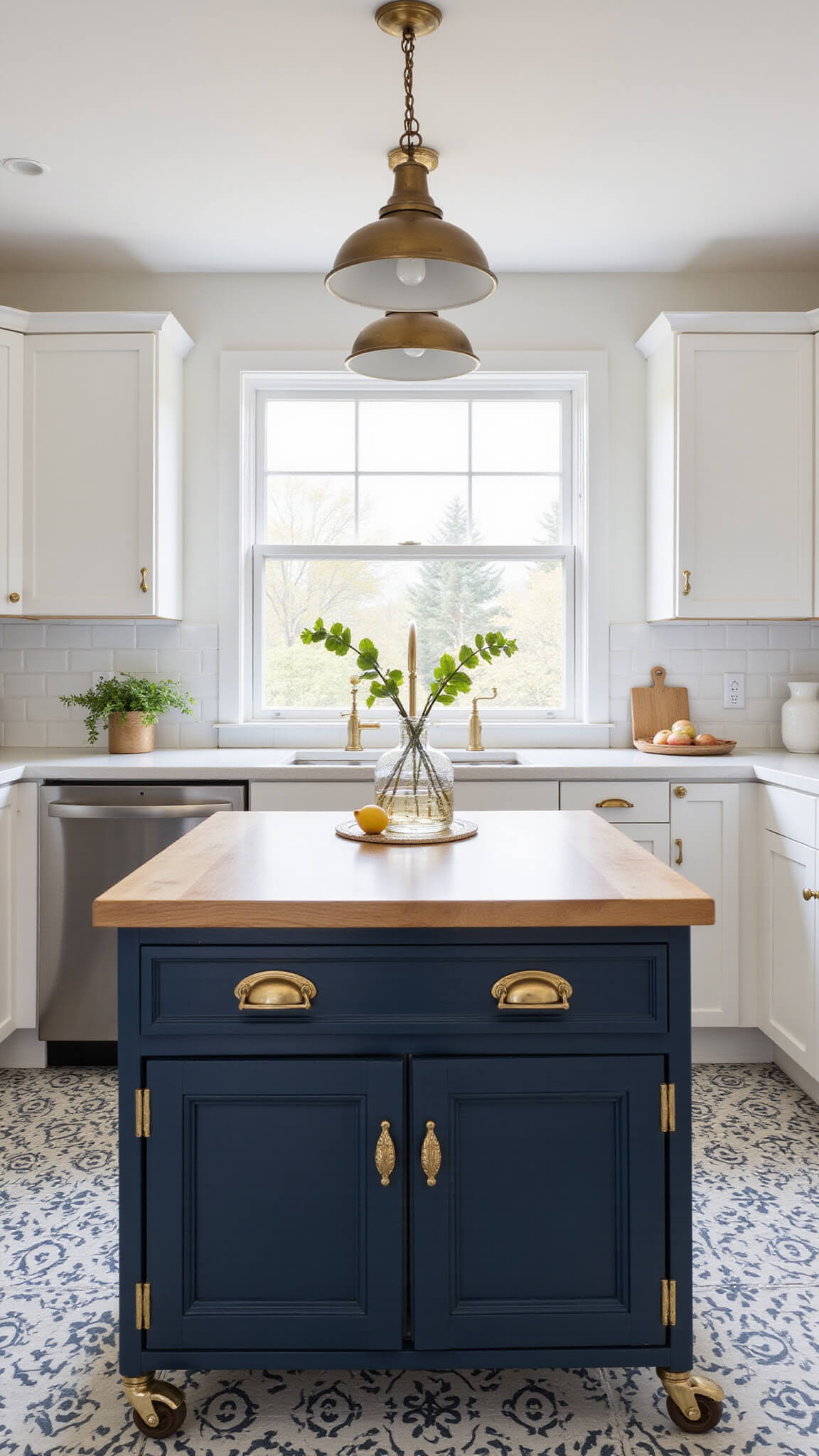 Bird’s eye view of a 7x9ft kitchen with a navy repurposed industrial cart island, white cabinets with gold handles, geometric cement tile flooring, and vintage pendant lighting under diffused afternoon light.