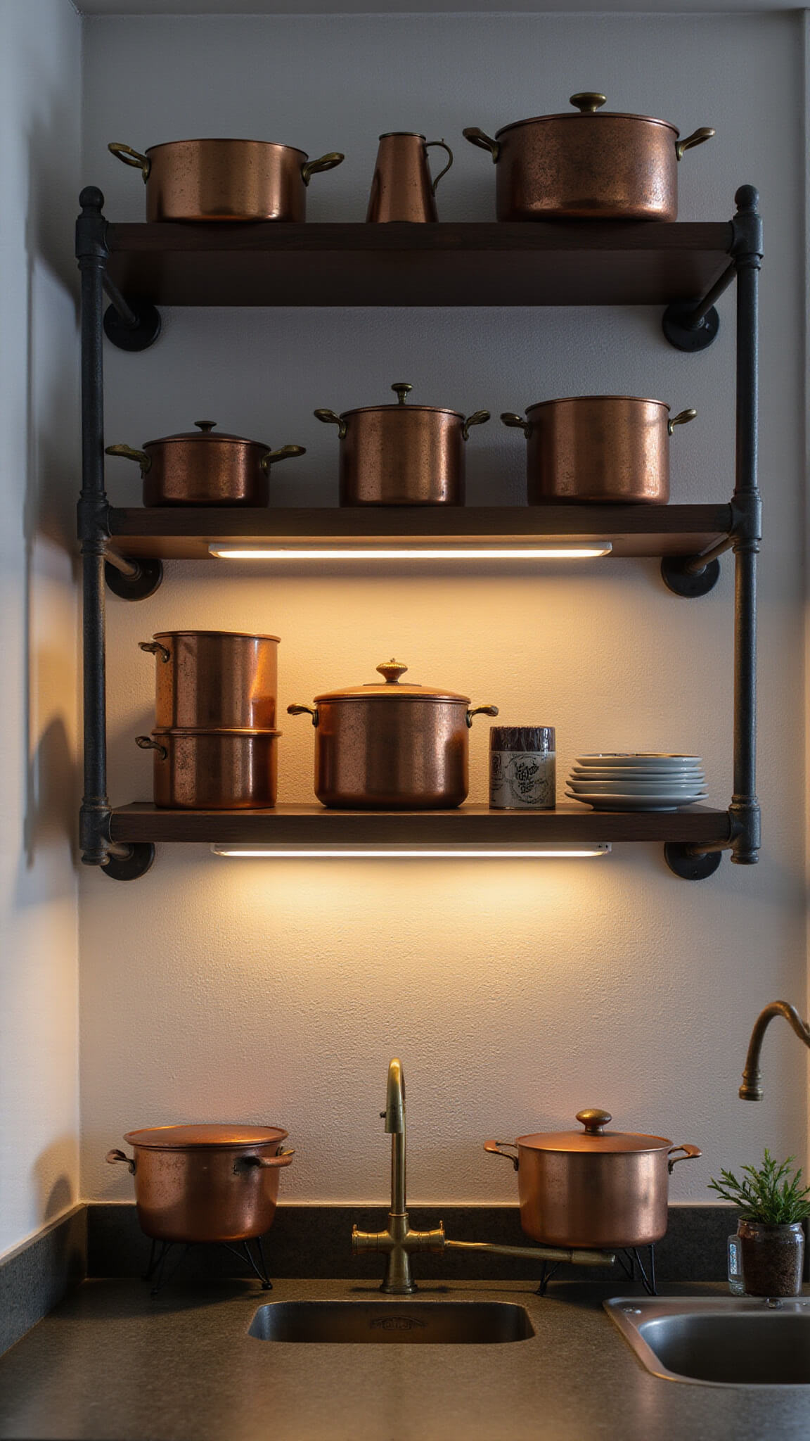 Close-up of vintage copper cookware on industrial shelves in a moody, warmly lit evening kitchen scene.