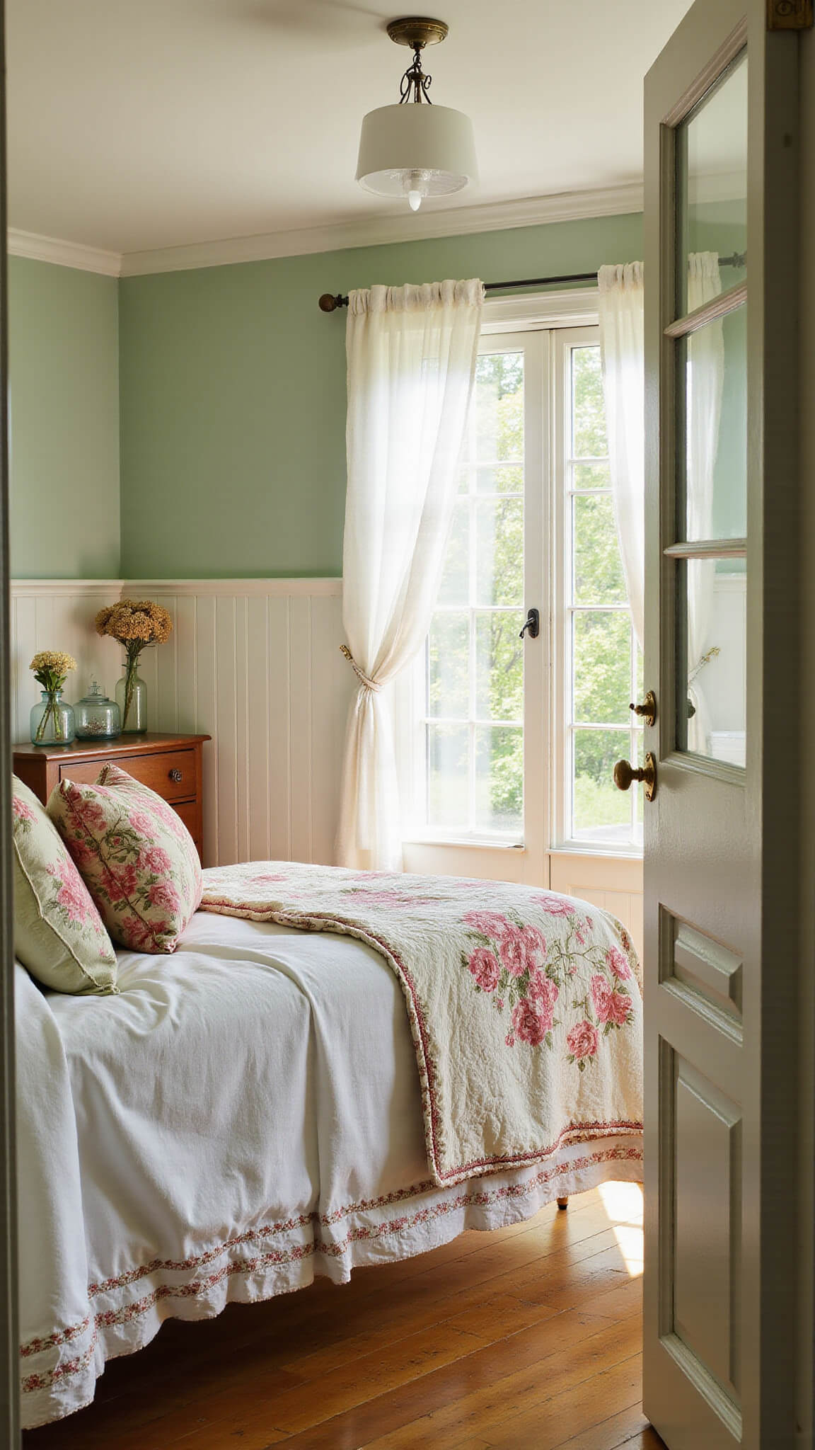 Cozy sunlit cottage bedroom with vintage iron bed, floral quilt, antique dresser, and breezy white curtains, viewed through French doors at golden hour.