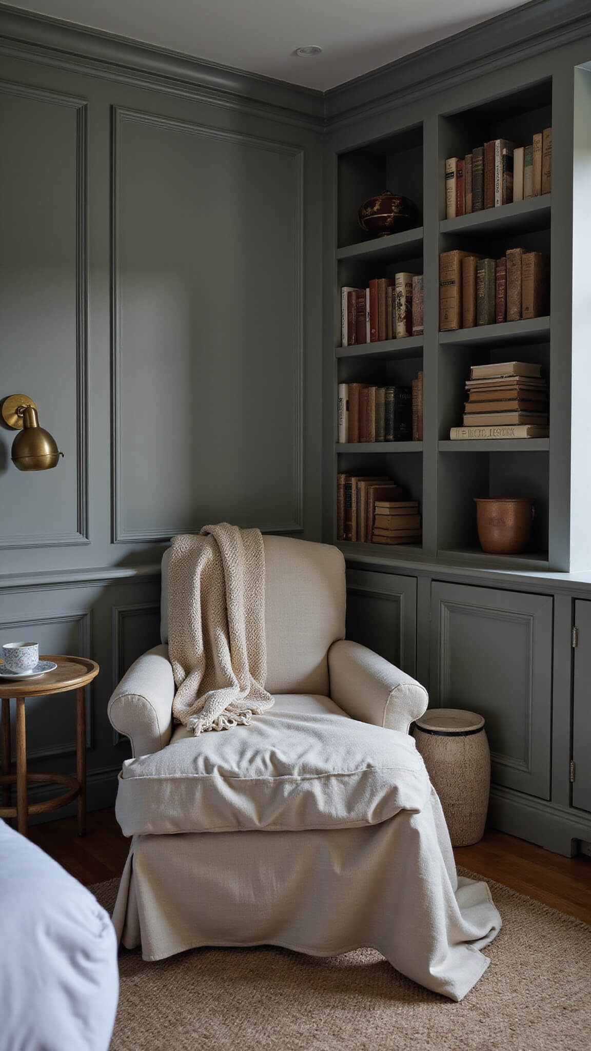 Cozy evening reading nook with a heritage quilt-draped armchair, vintage books, and warm brass lighting nestled between dove grey bookshelves in a high-ceilinged room.
