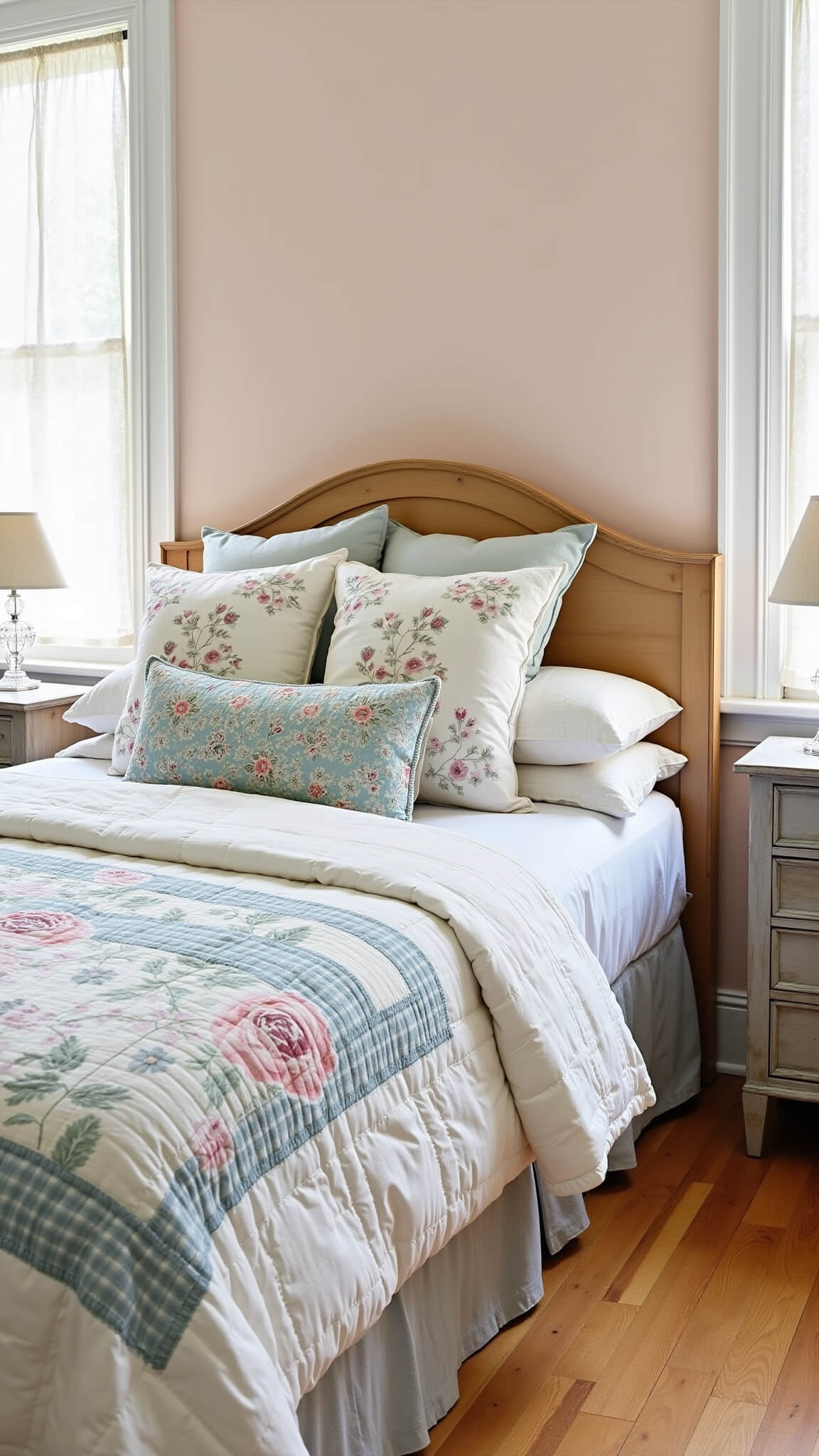 Overhead view of a cottage bedroom with layered bedding including a white coverlet, floral quilt, and embroidered shams on a queen bed with a wooden headboard.