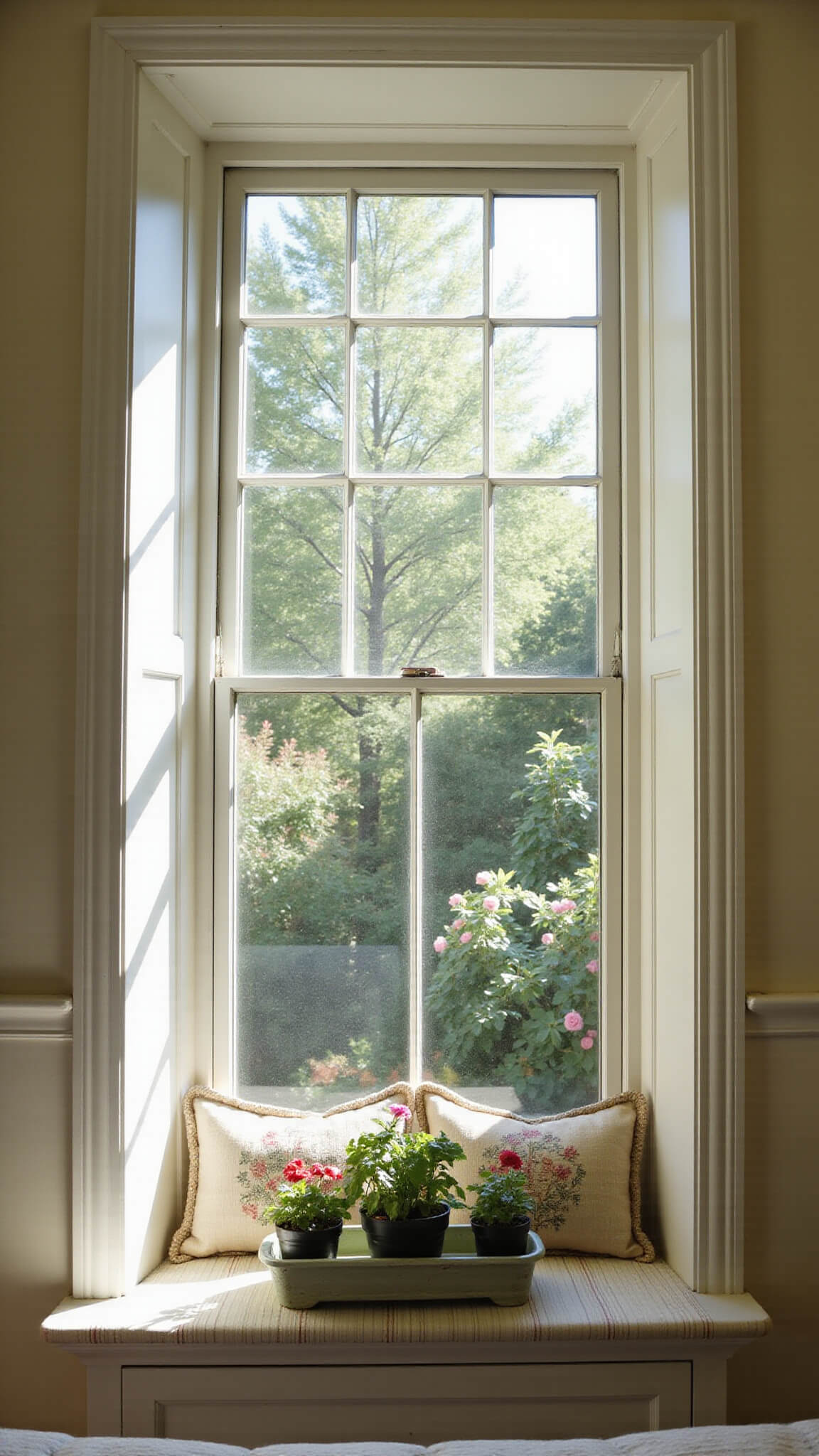 Wide-angle view of a sunlit bedroom bay window with vintage wavy glass panes, white trim, cushioned window seat, and potted geraniums, bathed in dawn light.