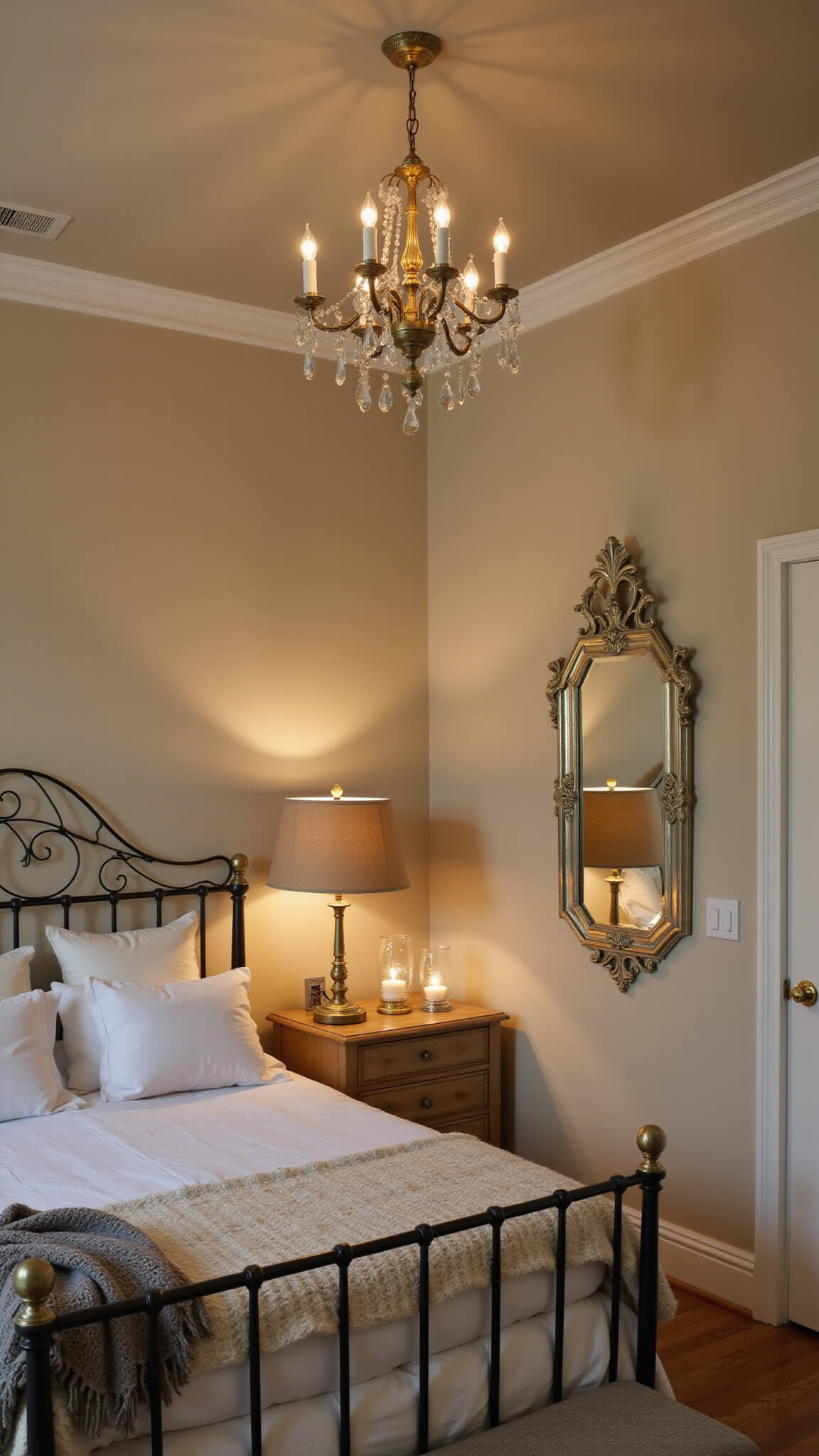 Cozy twilight bedroom with brass chandelier, warm ivory walls, ambient lamps, silver mirror reflecting candlelight, and iron bed with white linens and knit throws.