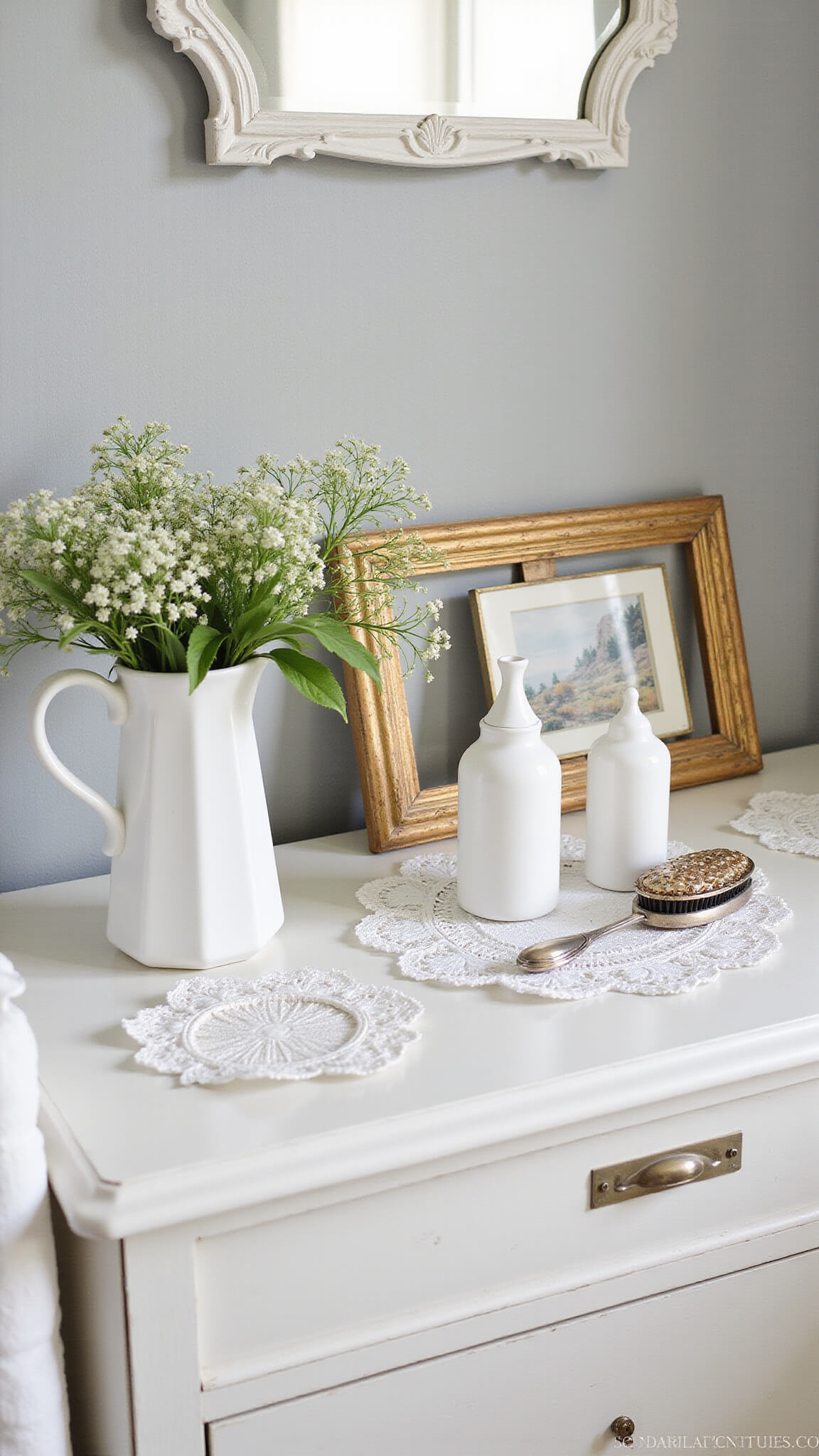 Overhead view of white dresser top with vintage silver brushes, milk glass vases, gilt frames, lace doilies, and fresh garden flowers in soft morning light.