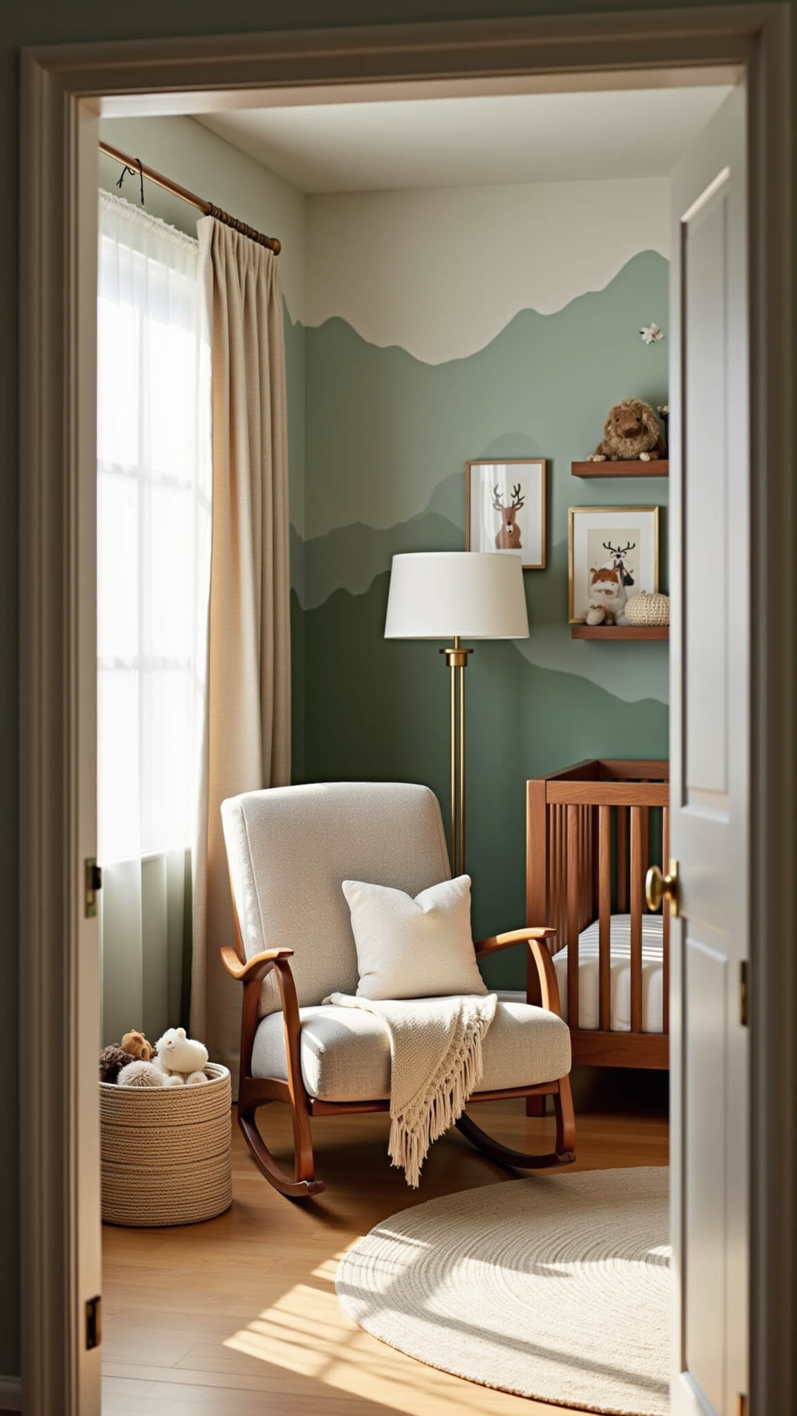 Nature-inspired nursery with sage green walls, hand-painted mountain mural, walnut crib, and soft natural lighting filtering through linen curtains.