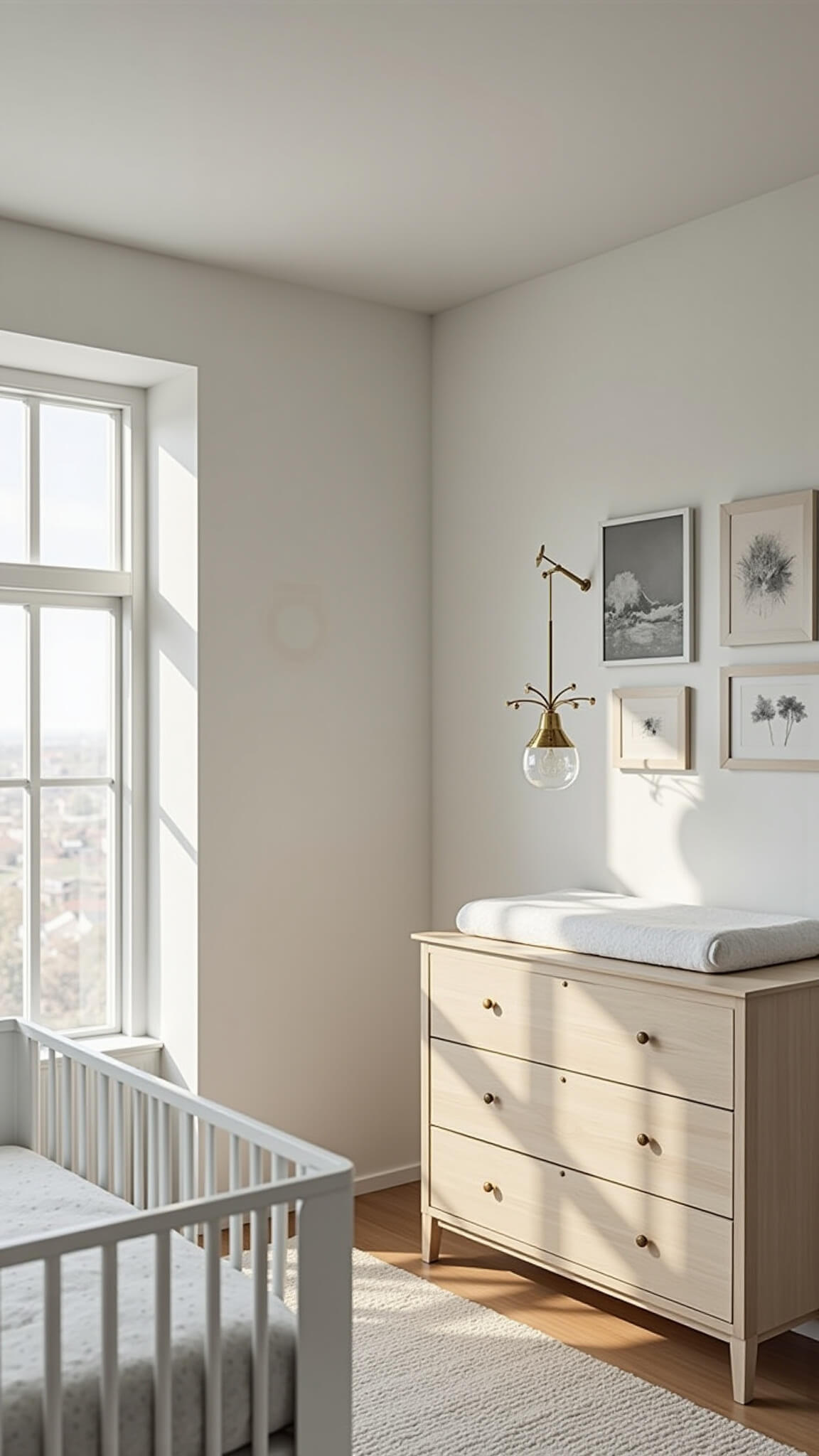 Modern minimalist nursery with white and gray walls, mid-century crib, Scandinavian dresser, and abstract monochrome art, lit by golden hour sunlight.