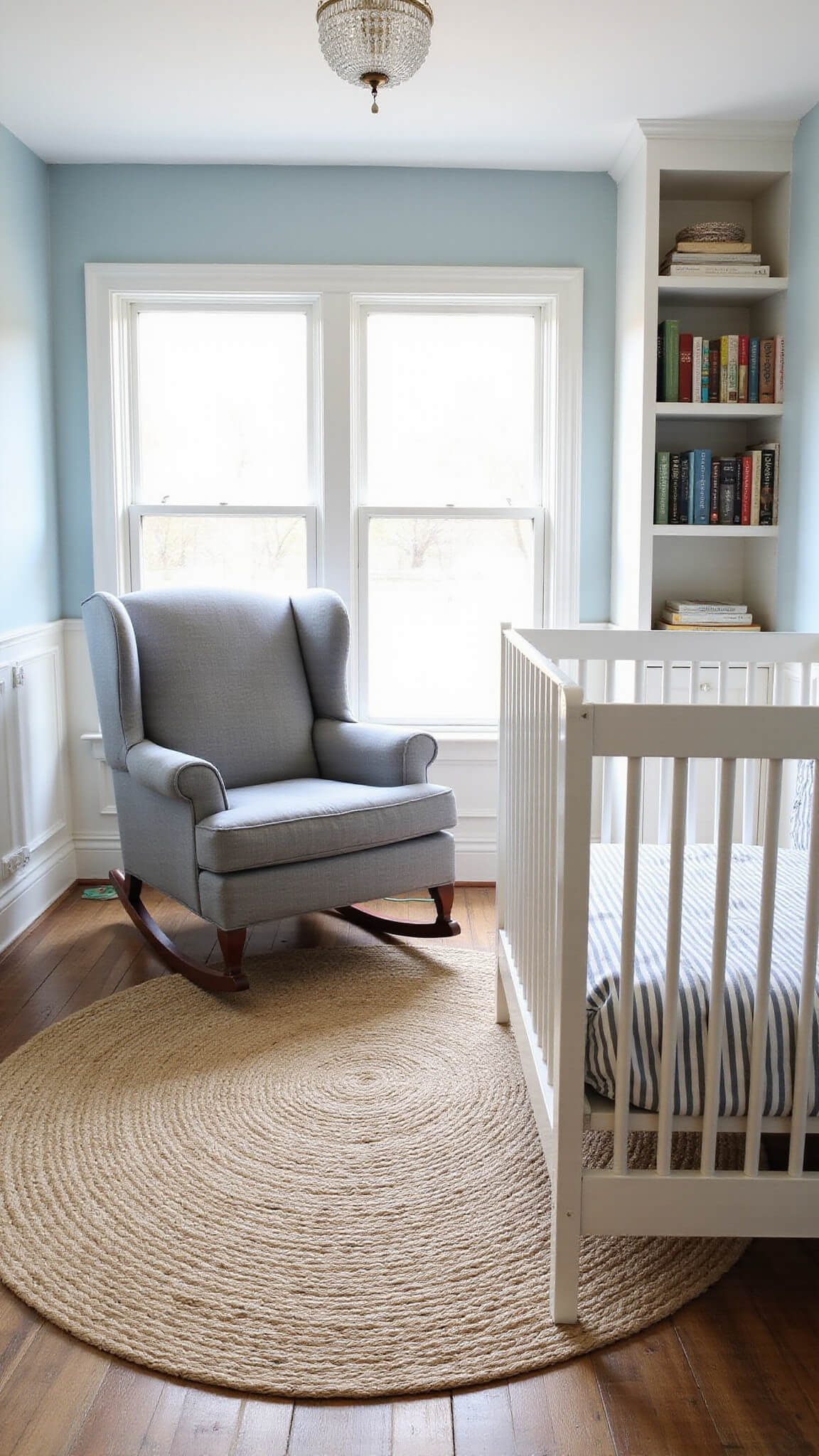 Traditional 13x15ft nursery with pale blue walls, white wainscoting, white spindle crib, gray wingback rocker by bookcase, vintage Persian rug over seagrass, and soft afternoon lighting.