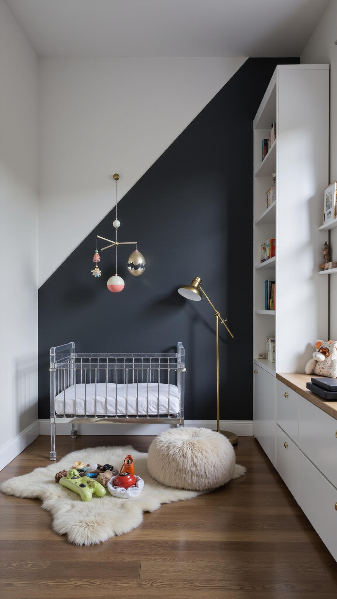 Contemporary 12x14ft nursery at dusk with charcoal and white color-blocked walls, acrylic crib, geometric mobile, matte white built-in storage, Mongolian fur pouf, floor lamp, and dramatic lighting.