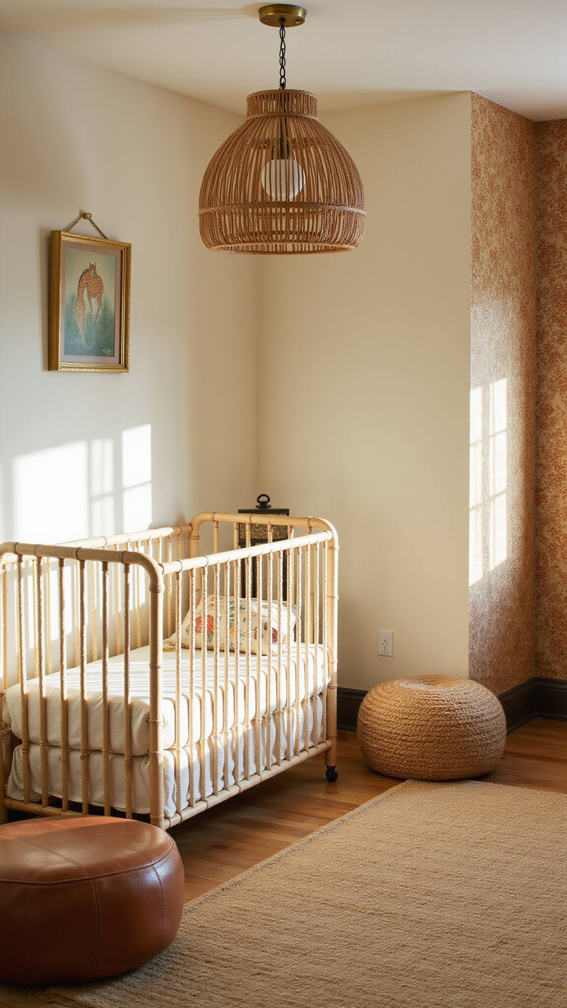 Safari-themed nursery with giraffe mural, rattan crib, leather and jute poufs, and morning light highlighting textured decor.