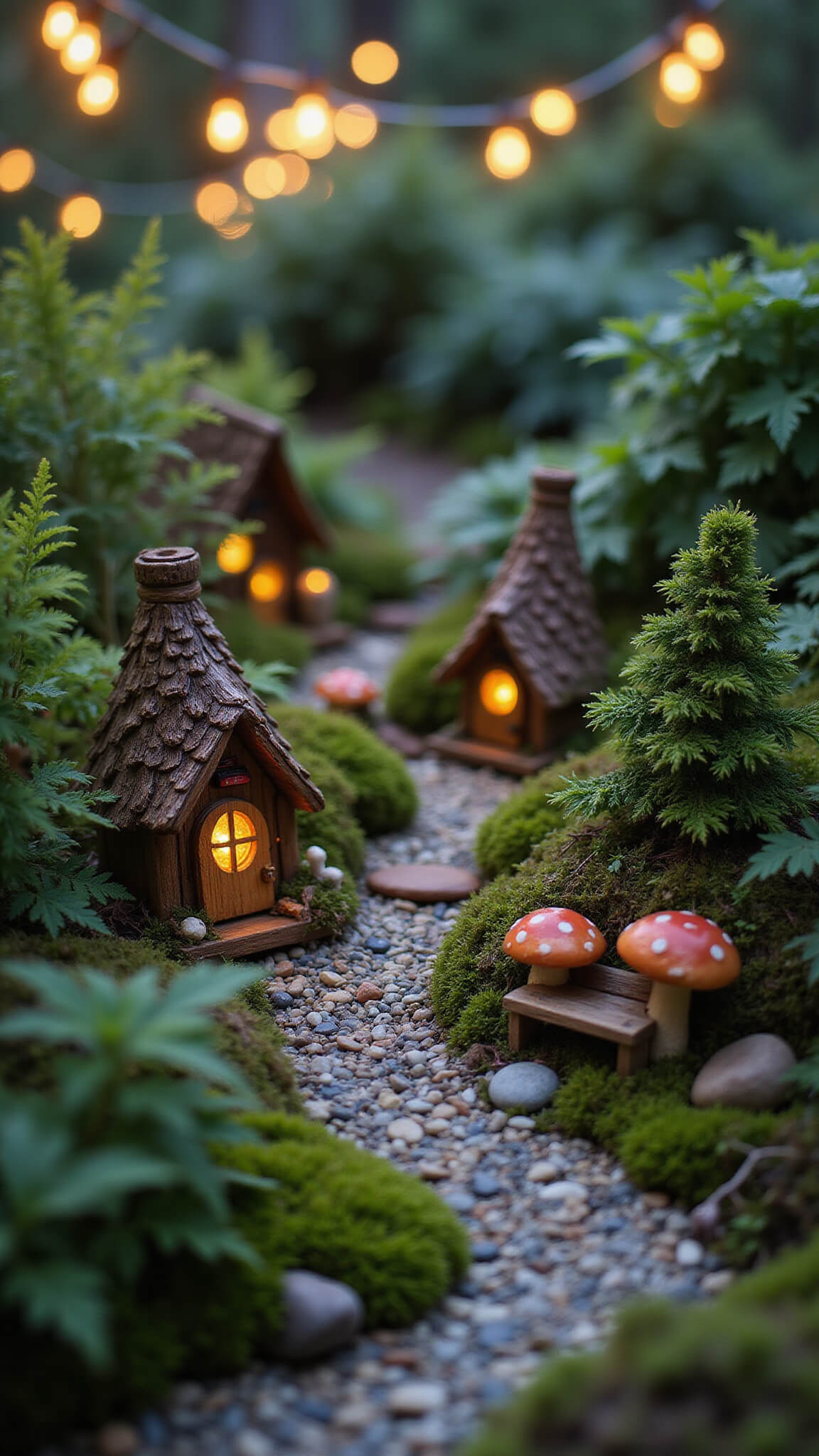 Twilight fairy garden with miniature natural fairy houses, glowing LED lights, pebble path, tiny benches, and mushrooms among moss and ferns, shot from ground level with bokeh café lights in background.