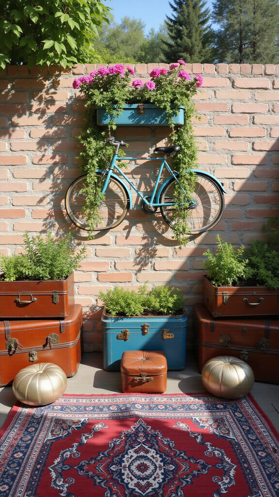 Eclectic patio with upcycled bicycle planter, vintage suitcase herb gardens, Persian rugs, metallic poufs, and vertical garden in afternoon sunlight.