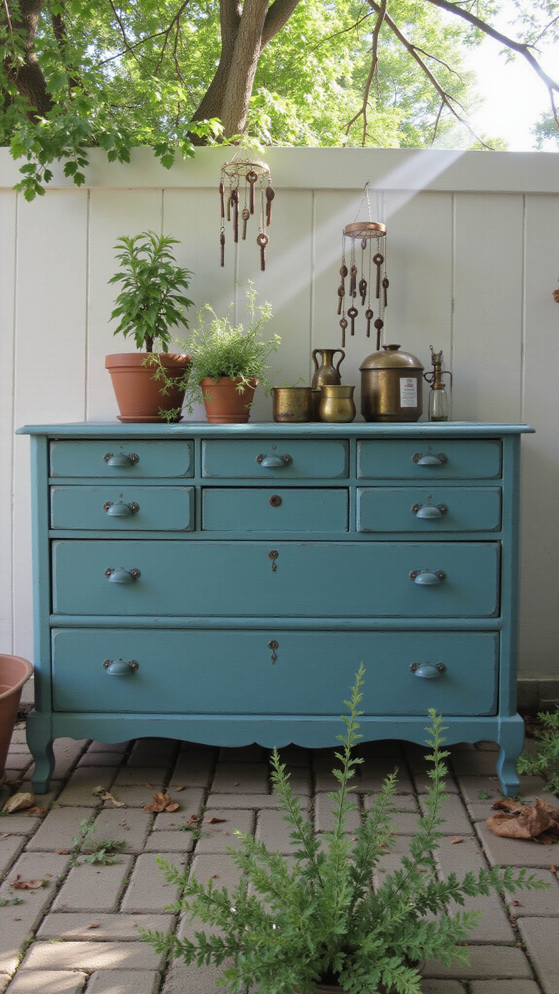 Morning sun shines on 14x16ft patio with teal vintage dresser used as herb-filled potting station, brass planters glint, and handmade wind chimes of copper pipes and vintage keys casting prismatic light.