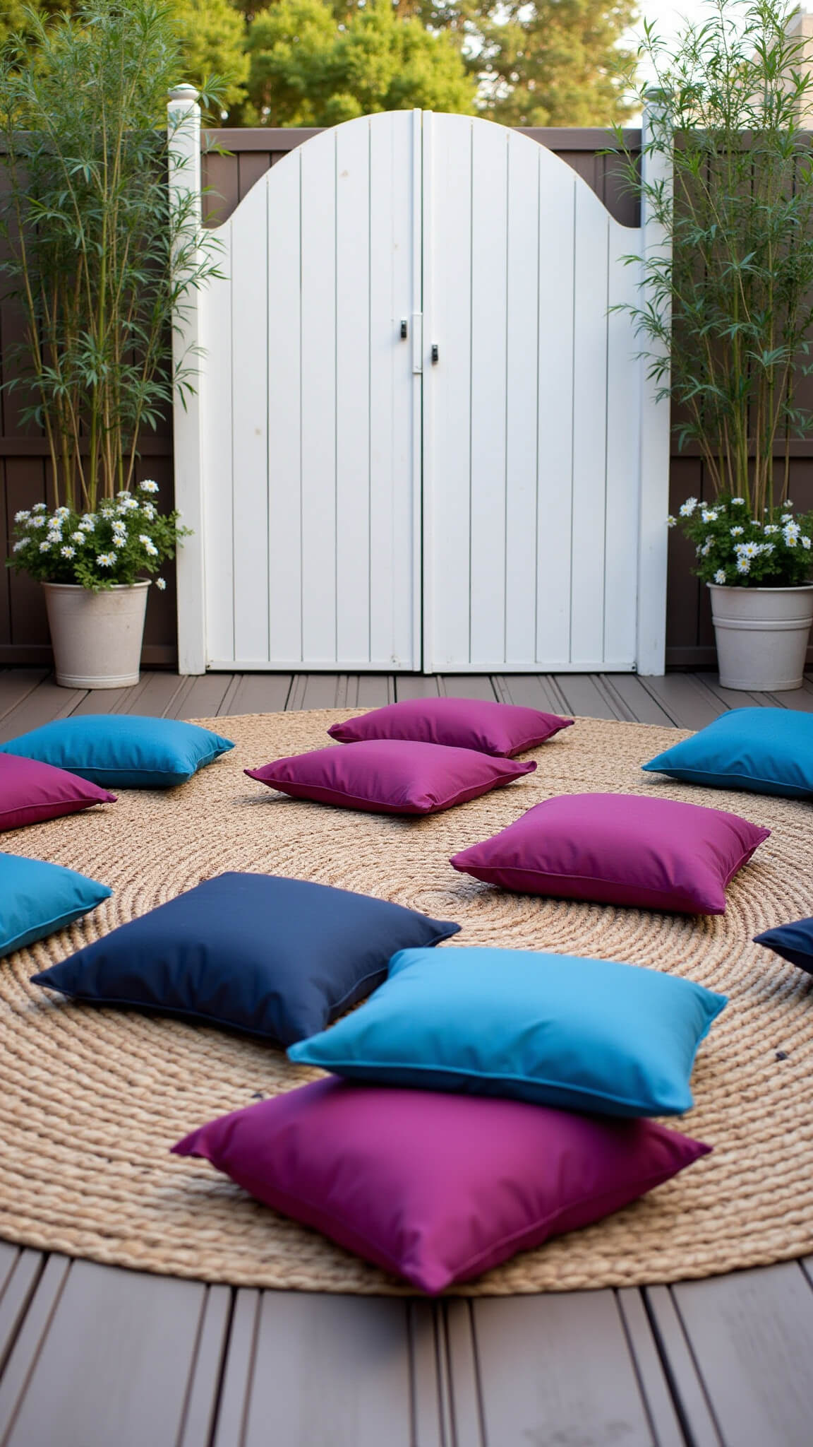 Outdoor cinema with colorful floor cushions on jute rugs, white garden gate screen, bamboo plants, and vintage theater light planters.