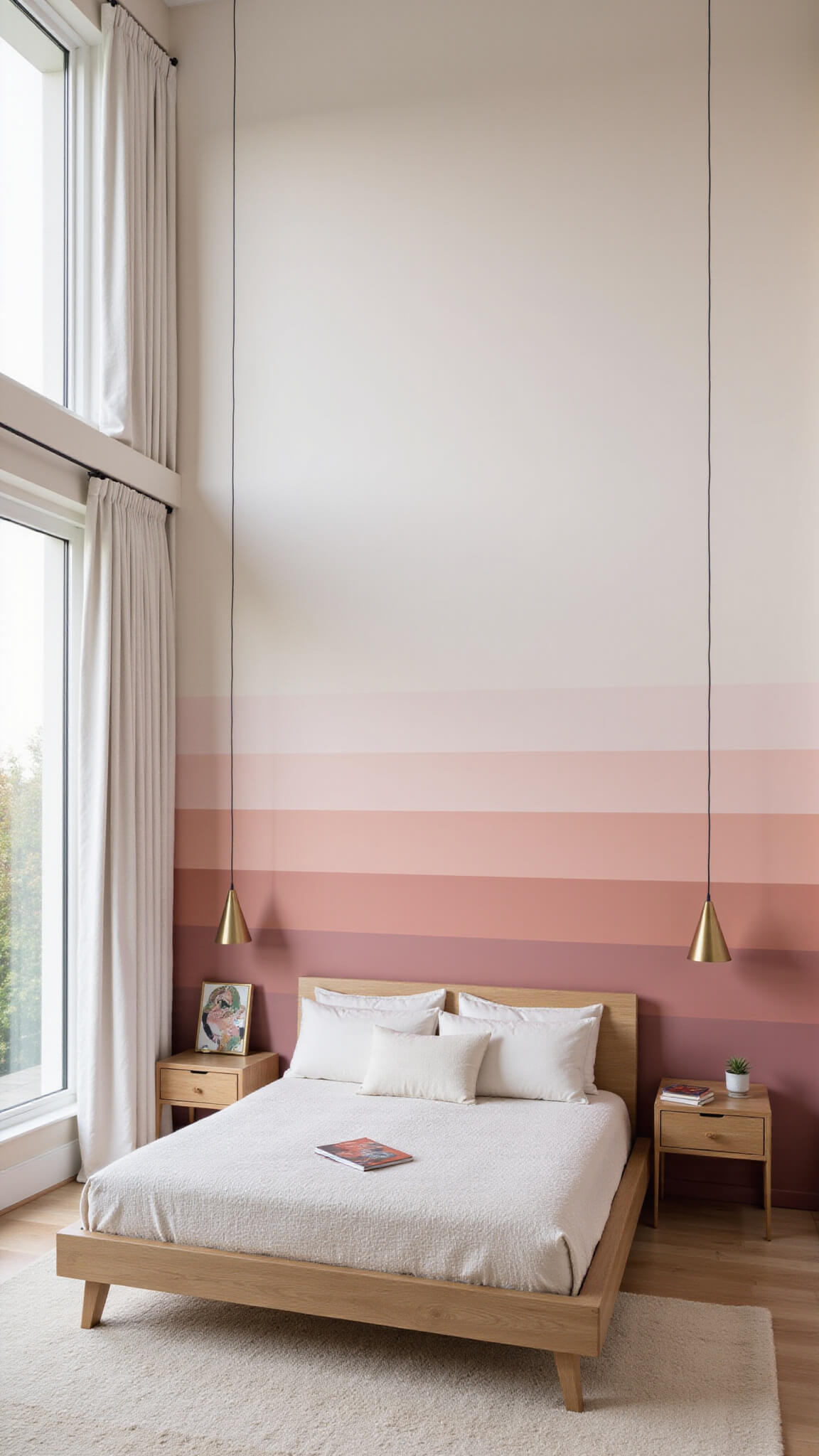 Main bedroom with ombre accent wall from blush to deep rose, light oak platform bed, brass pendant lights, and morning light creating a dreamy atmosphere.