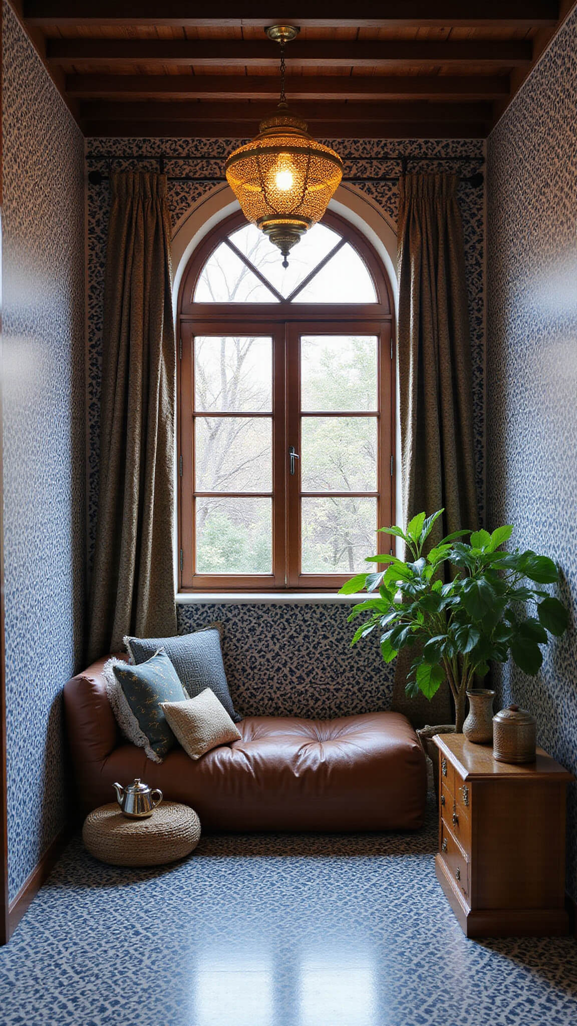Corner view of Moroccan-style 12x14ft bedroom with indigo and white geometric tiles, brass lantern casting shadows, leather pouf, woven cushions, arched window with mesh curtains, carved wooden tea table, and emerald green plants.