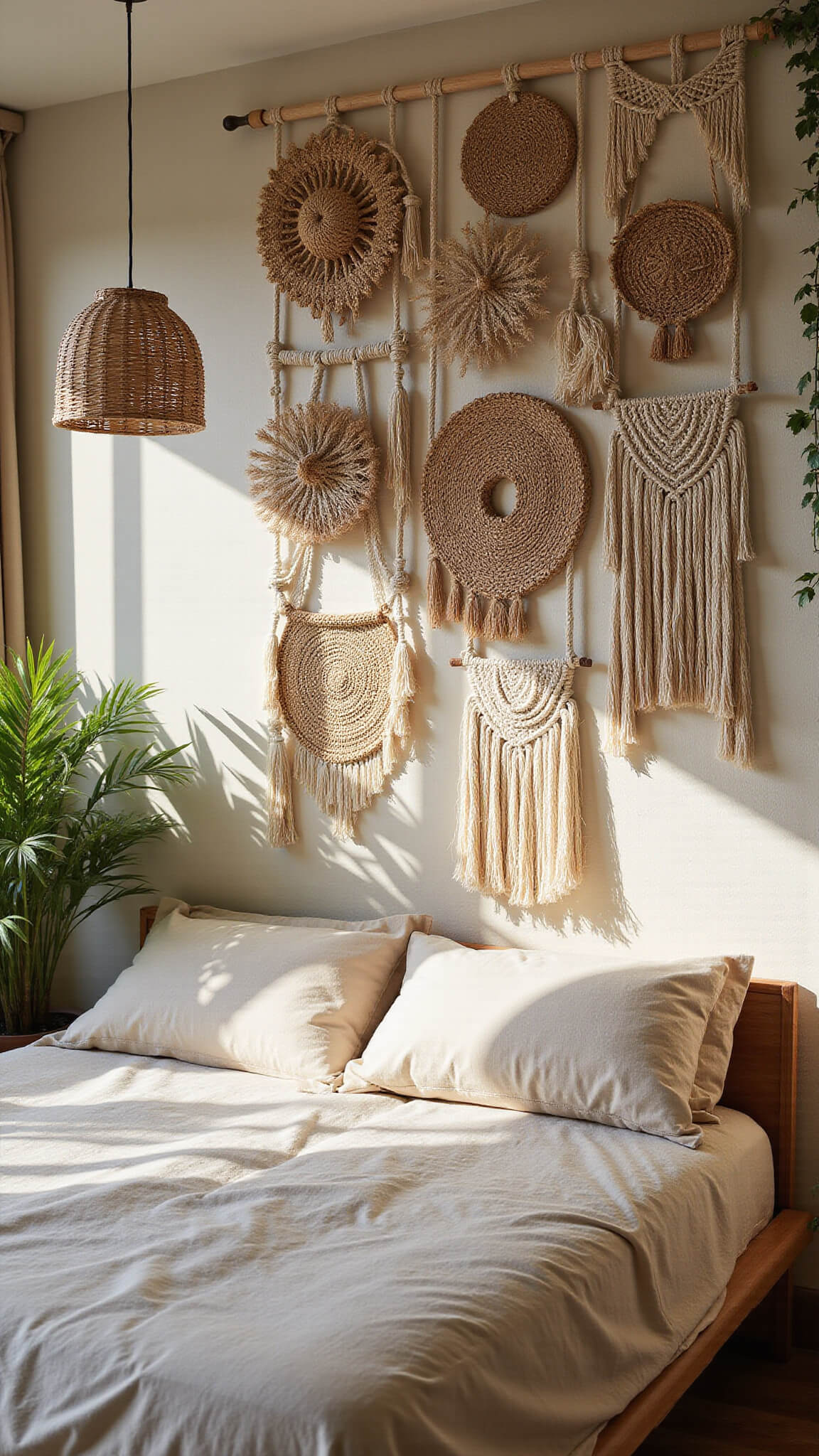 Low-angle view of textured bedroom with macramé accent wall, platform bed in rumpled linen, rattan pendant light, and earth-tone decor with potted greenery.