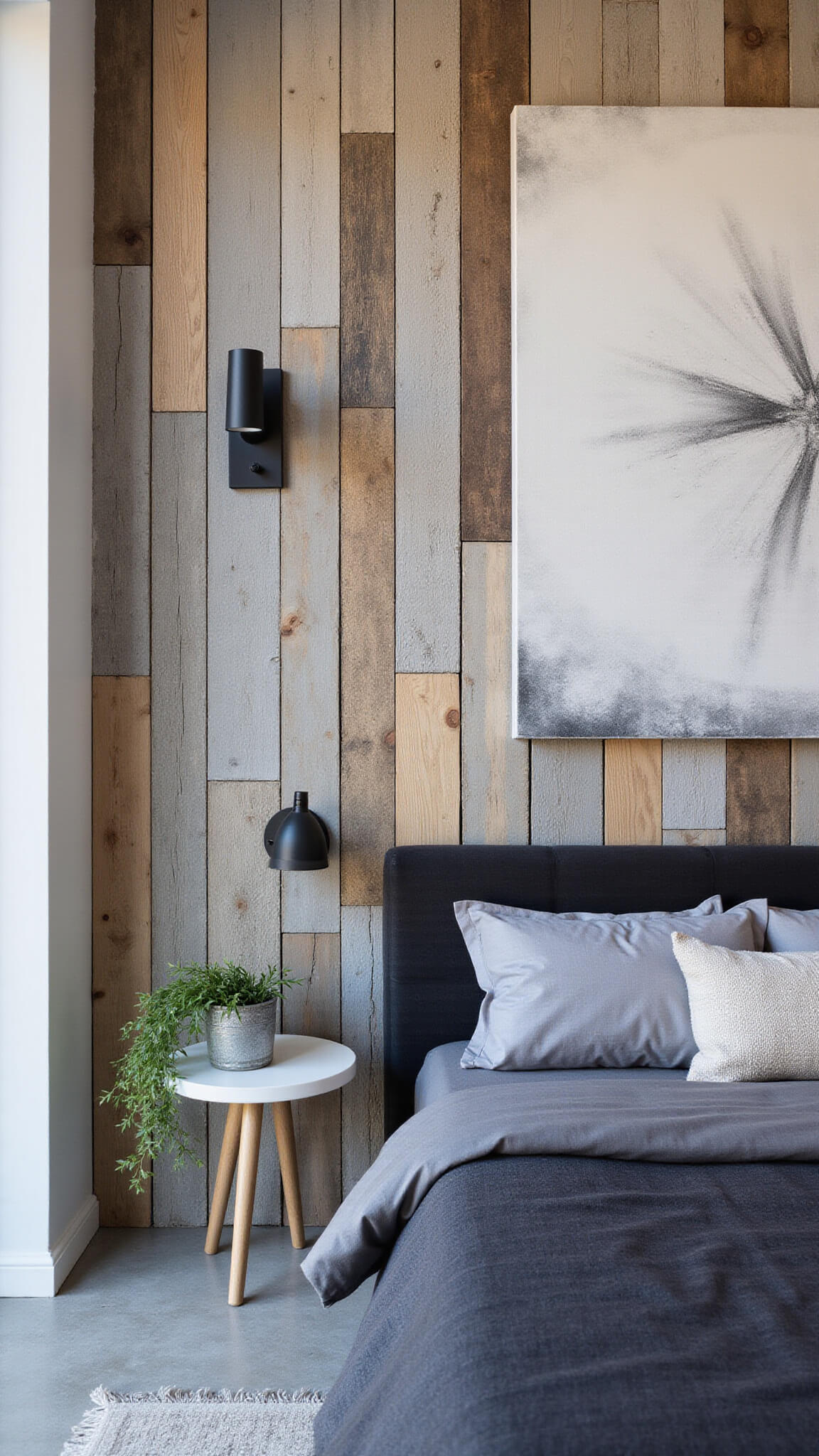 Rustic modern bedroom with reclaimed wood accent wall, charcoal bed, black sconces, abstract art, and natural light highlighting wood textures.