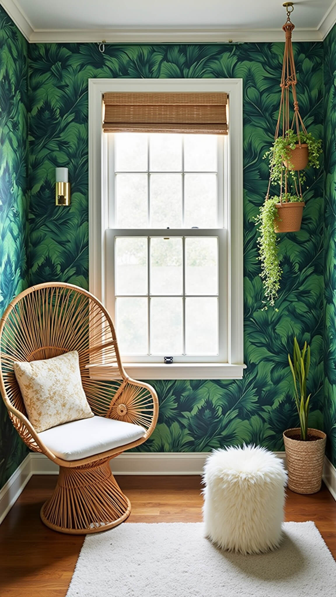 Bohemian bedroom with tropical leaf wallpaper, rattan peacock chair, hanging plants, and dappled sunlight through bamboo blinds.