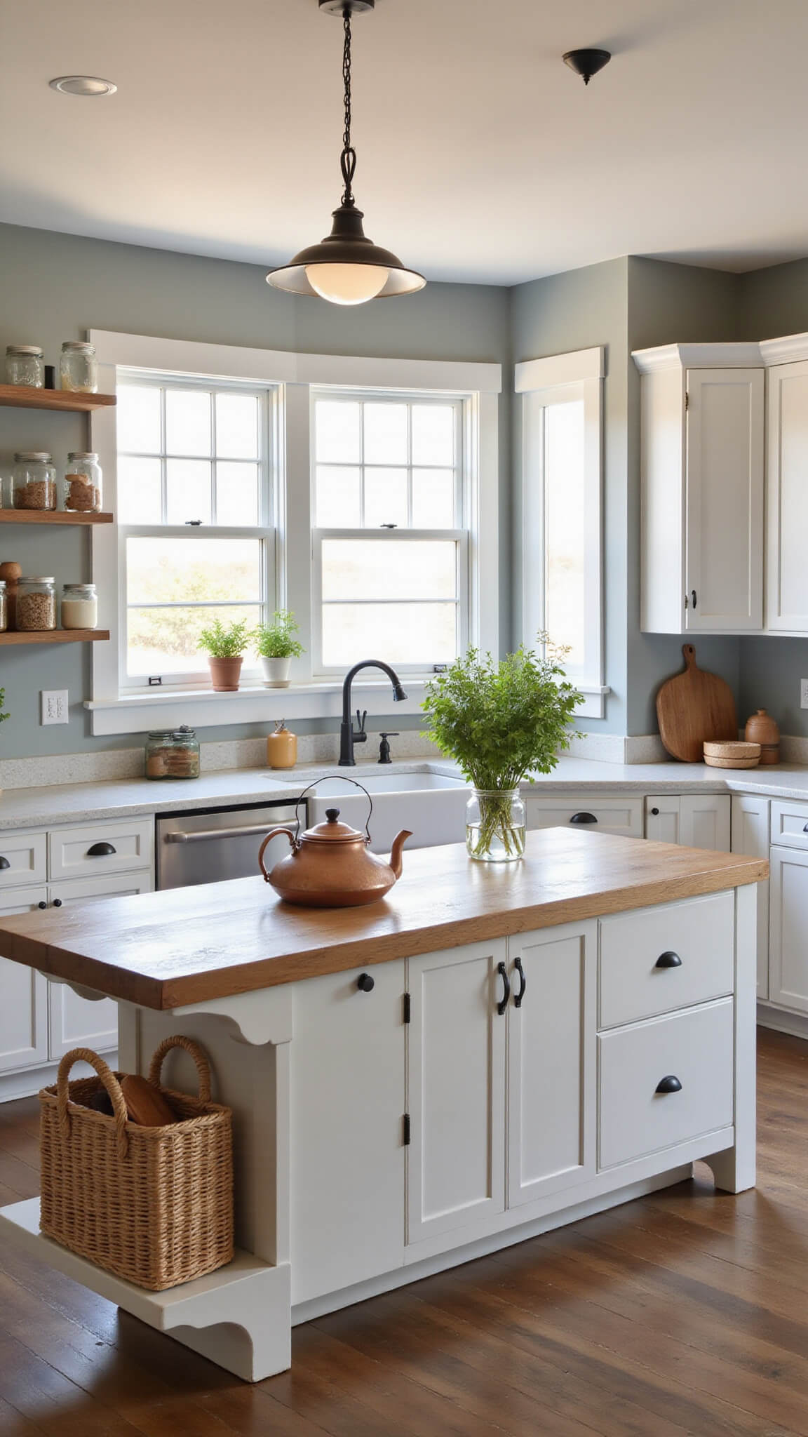 Farmhouse kitchen with white shaker cabinets, oak island, and open shelving lit by golden hour sunlight through tall windows.