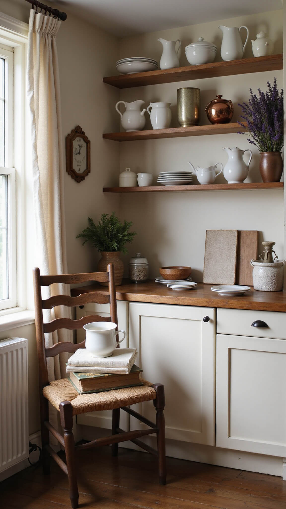 Cozy farmhouse kitchen corner at dawn with vintage chair, antique cookbooks, and warm wooden details softly lit through cafe curtains.
