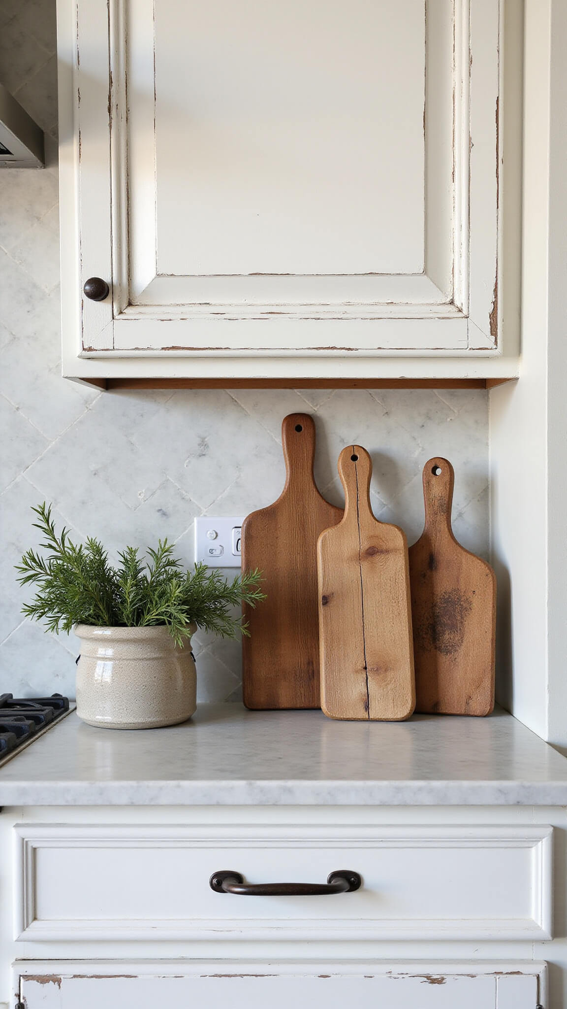 Overhead view of a rustic kitchen island with marble countertop, wooden cutting boards, fresh rosemary in a stone crock, and vintage scale amid weathered white cabinets.