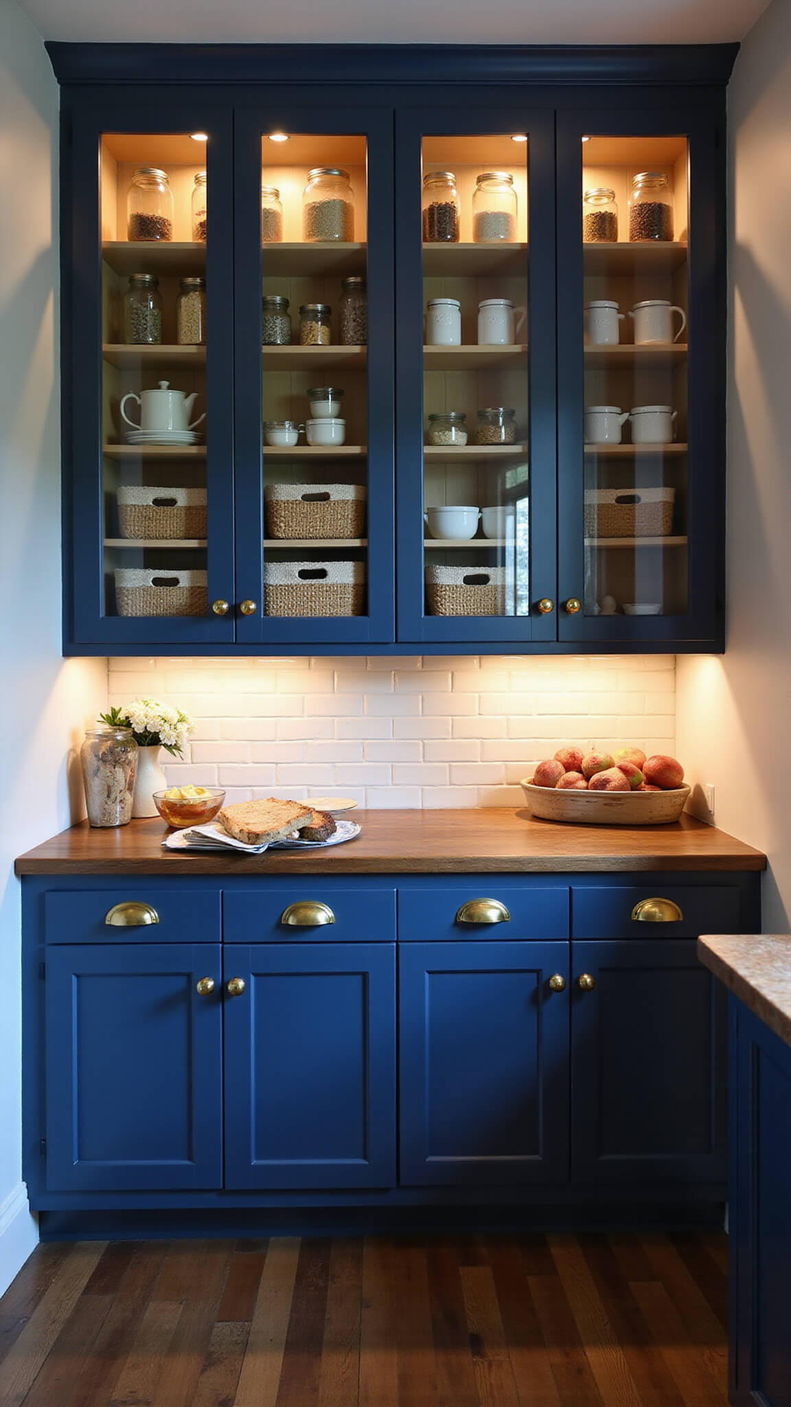Dramatic dusk-lit farmhouse butler's pantry with navy cabinets, brass hardware, white subway tile, mason jars, woven baskets, and warm under-cabinet lighting.