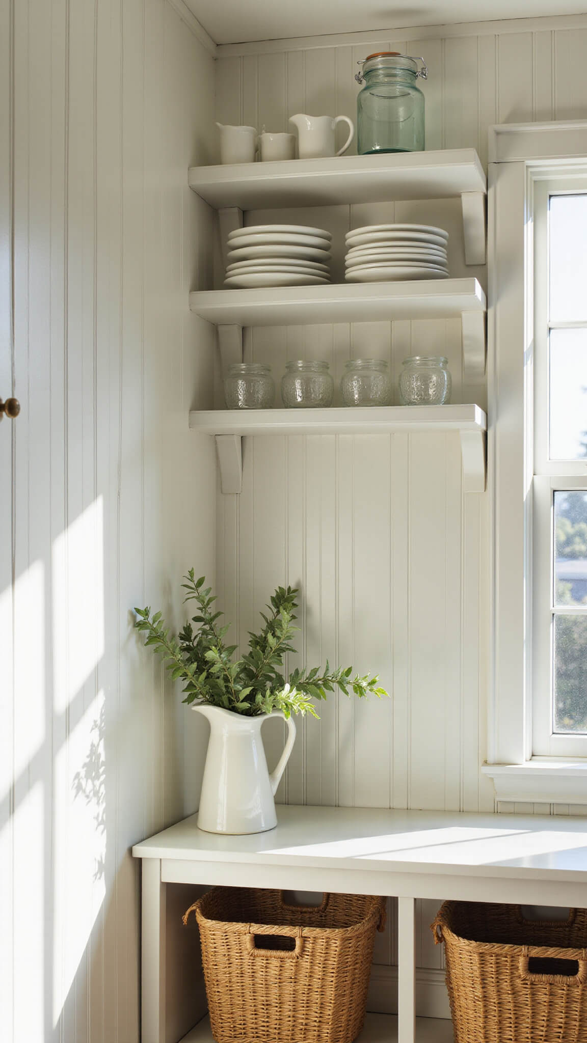Sunlit kitchen nook with white beadboard cabinets, open shelves holding white pottery and glass jars, natural baskets below, and eucalyptus in a ceramic pitcher.
