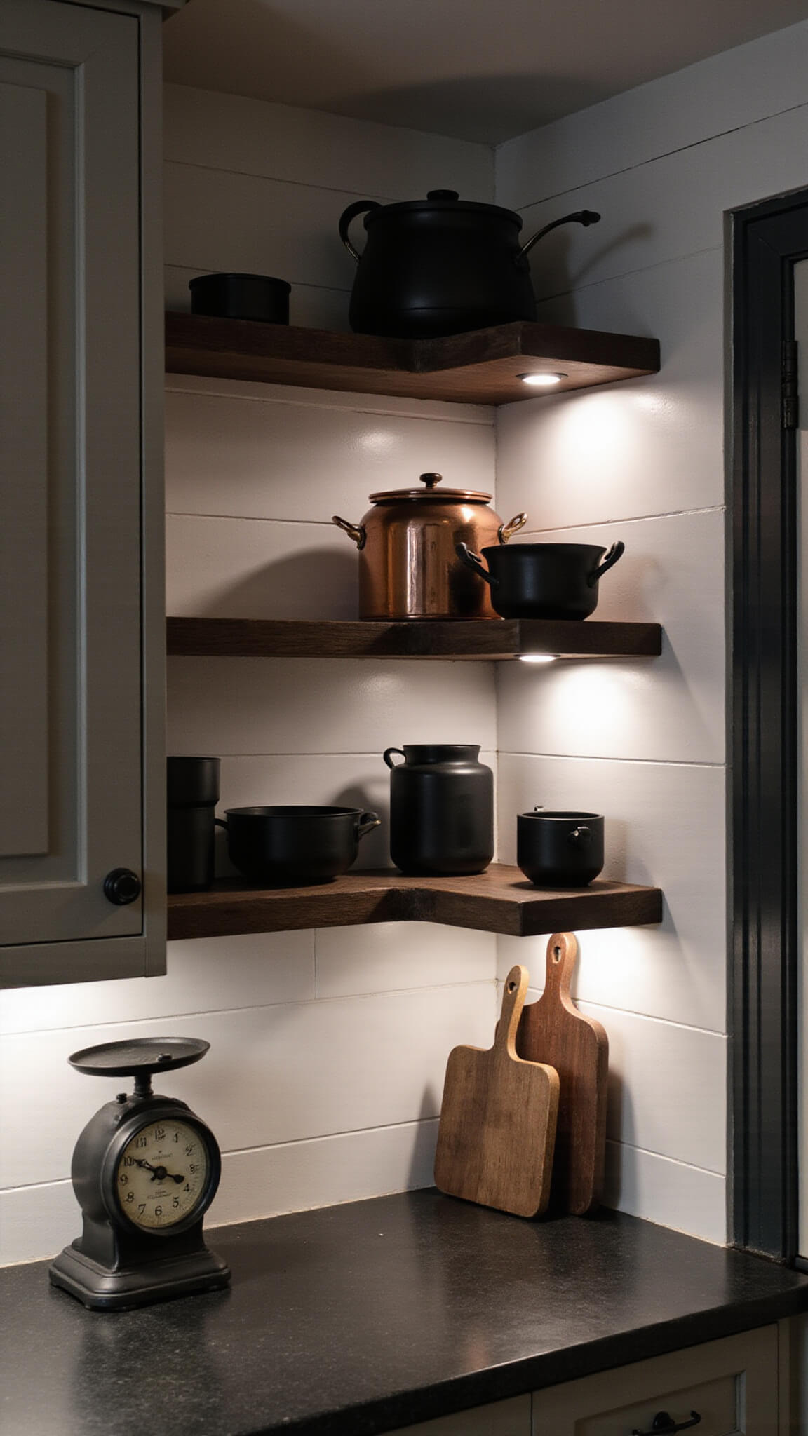 Moody farmhouse kitchen with dark wood shelves, copper cookware, black ceramics, and under-cabinet lighting casting dramatic shadows.