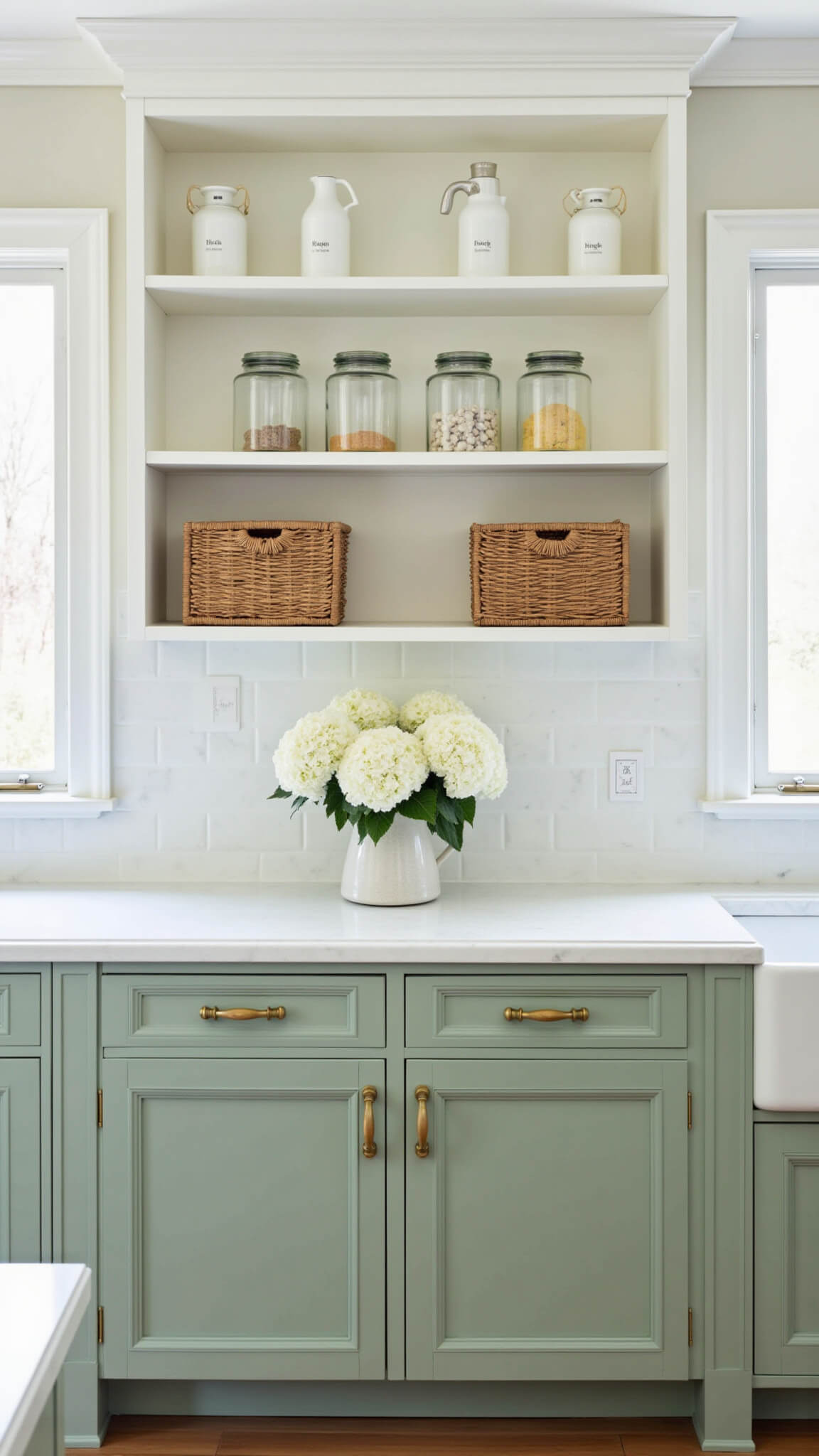 Modern farmhouse kitchen with sage green and white cabinets, brass hardware, open shelves with glass canisters, woven baskets, and white hydrangeas in ceramic pitcher.