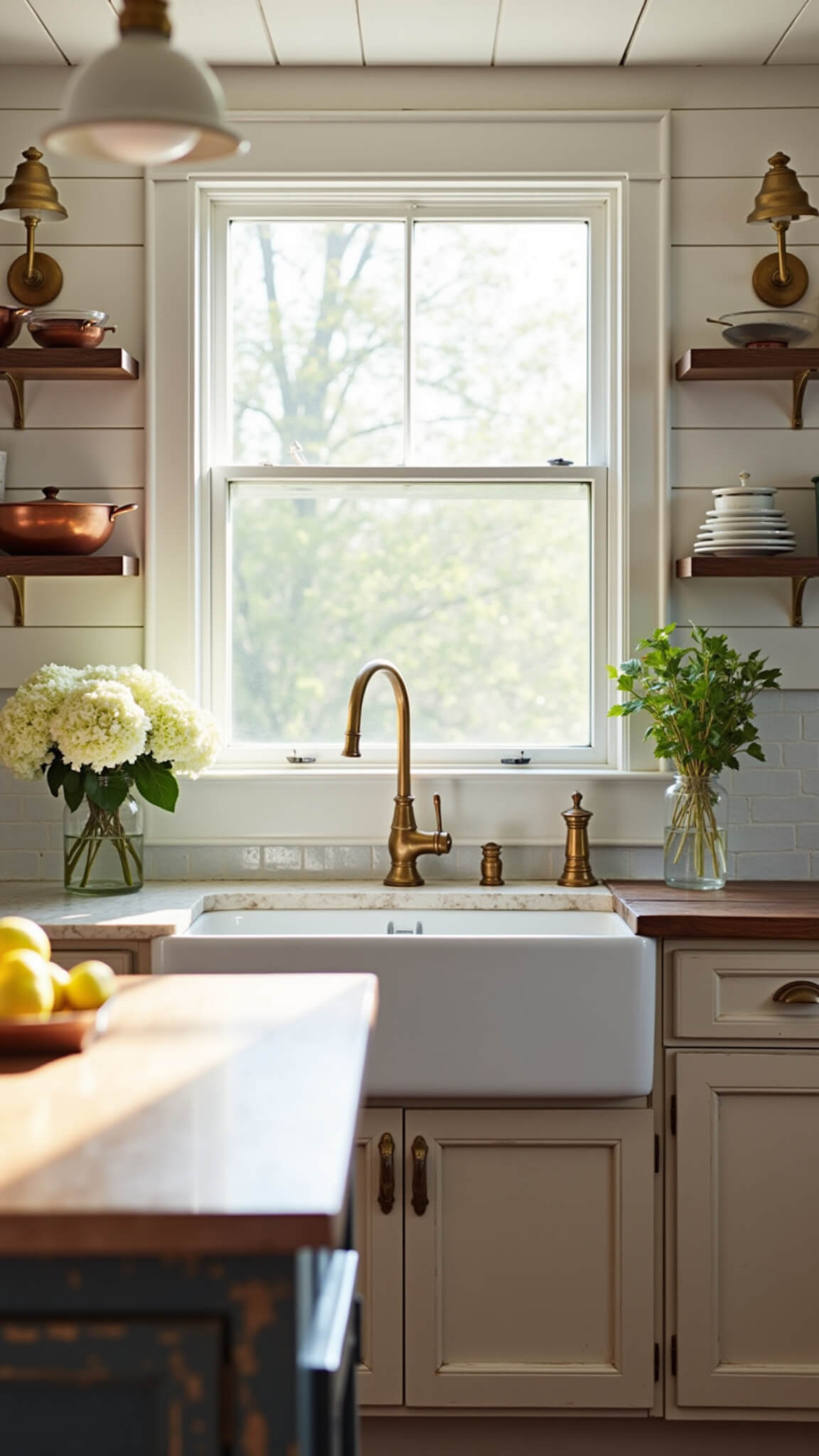 Farmhouse kitchen with large window over white apron sink, brass sconces, shiplap wall, open shelving, and marble-topped wooden island with hydrangeas.