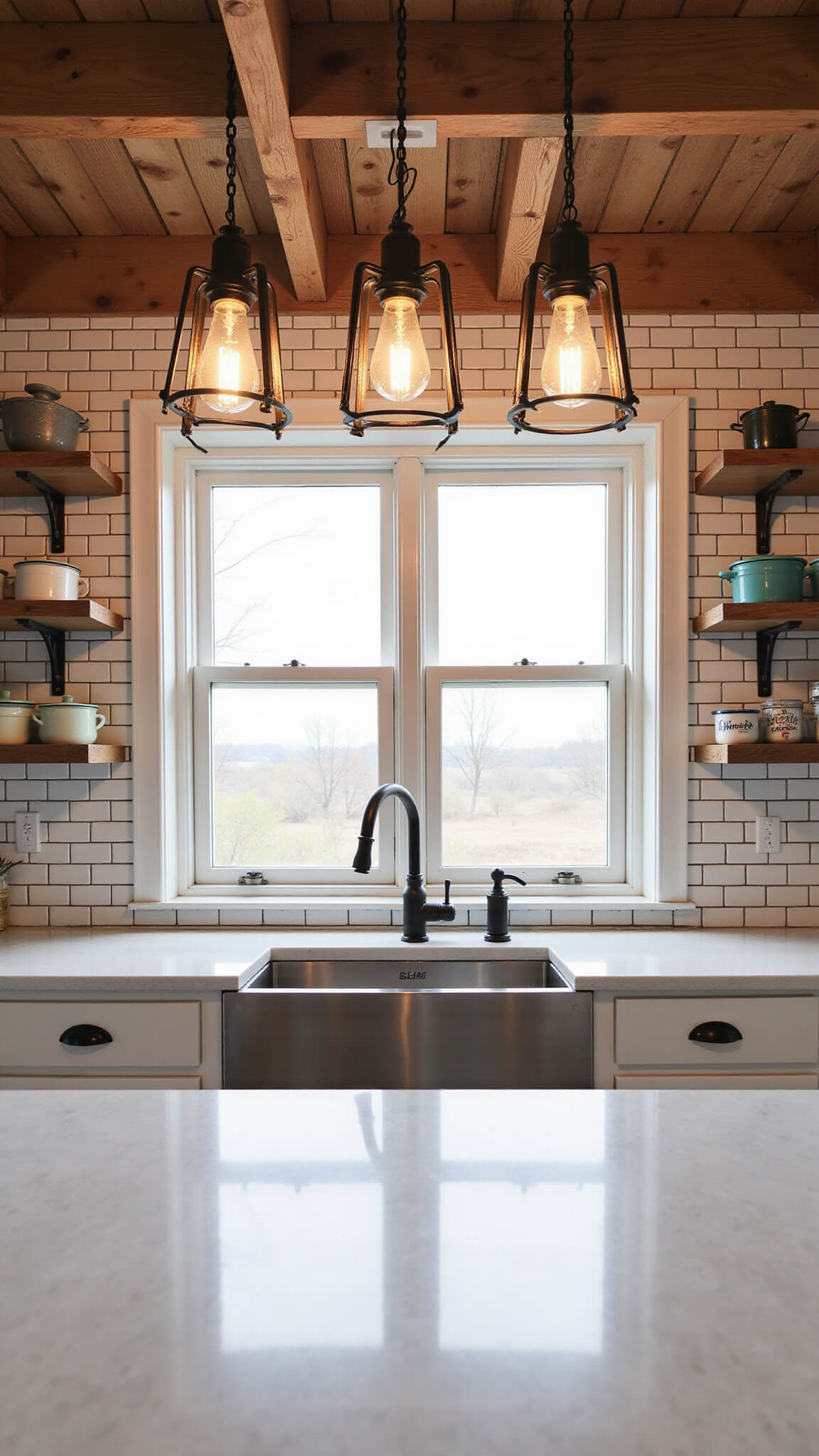 Evening kitchen with iron lantern pendants, farmhouse sink, exposed beams, subway tile, vintage enamelware, and white cabinets with bronze hardware.