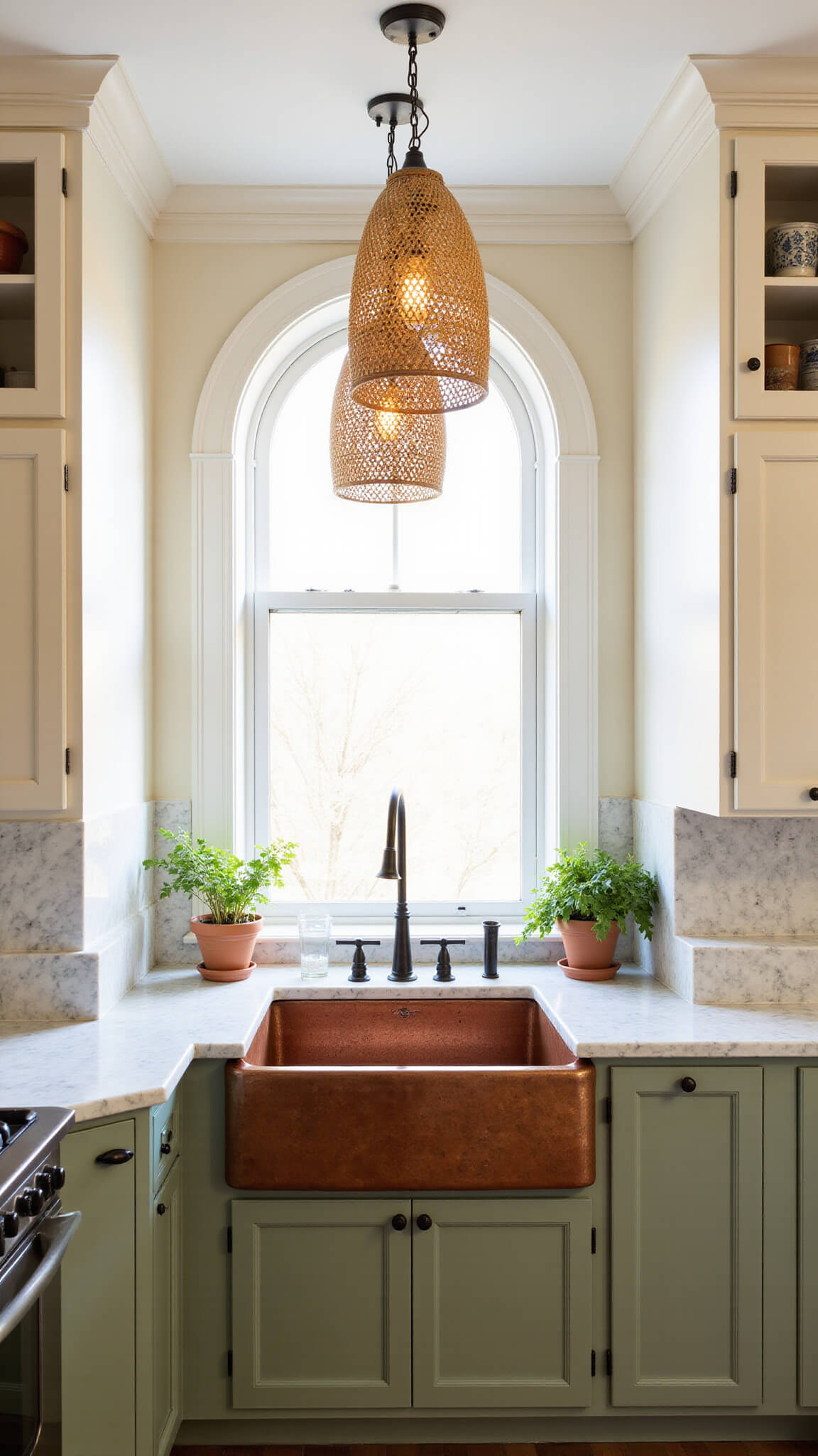 Sunlit kitchen nook with copper farmhouse sink under arched window, rattan pendant lights, sage and cream cabinets, marble countertops, and herbs on windowsill.