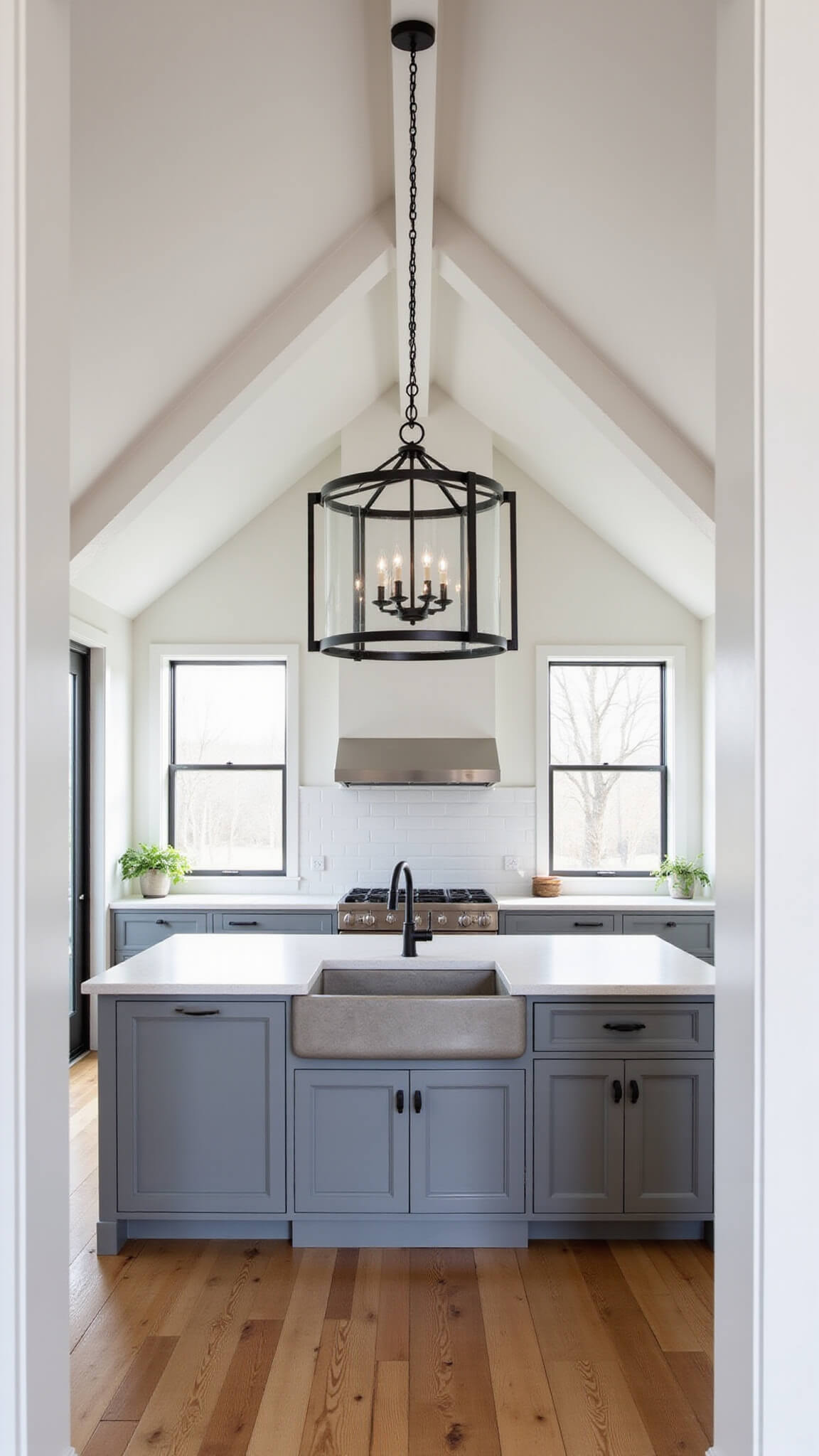 Modern farmhouse kitchen with vaulted 14ft ceilings, white trusses, black steel chandelier, concrete farmhouse sink, white walls, oak floors, and matte black hardware.