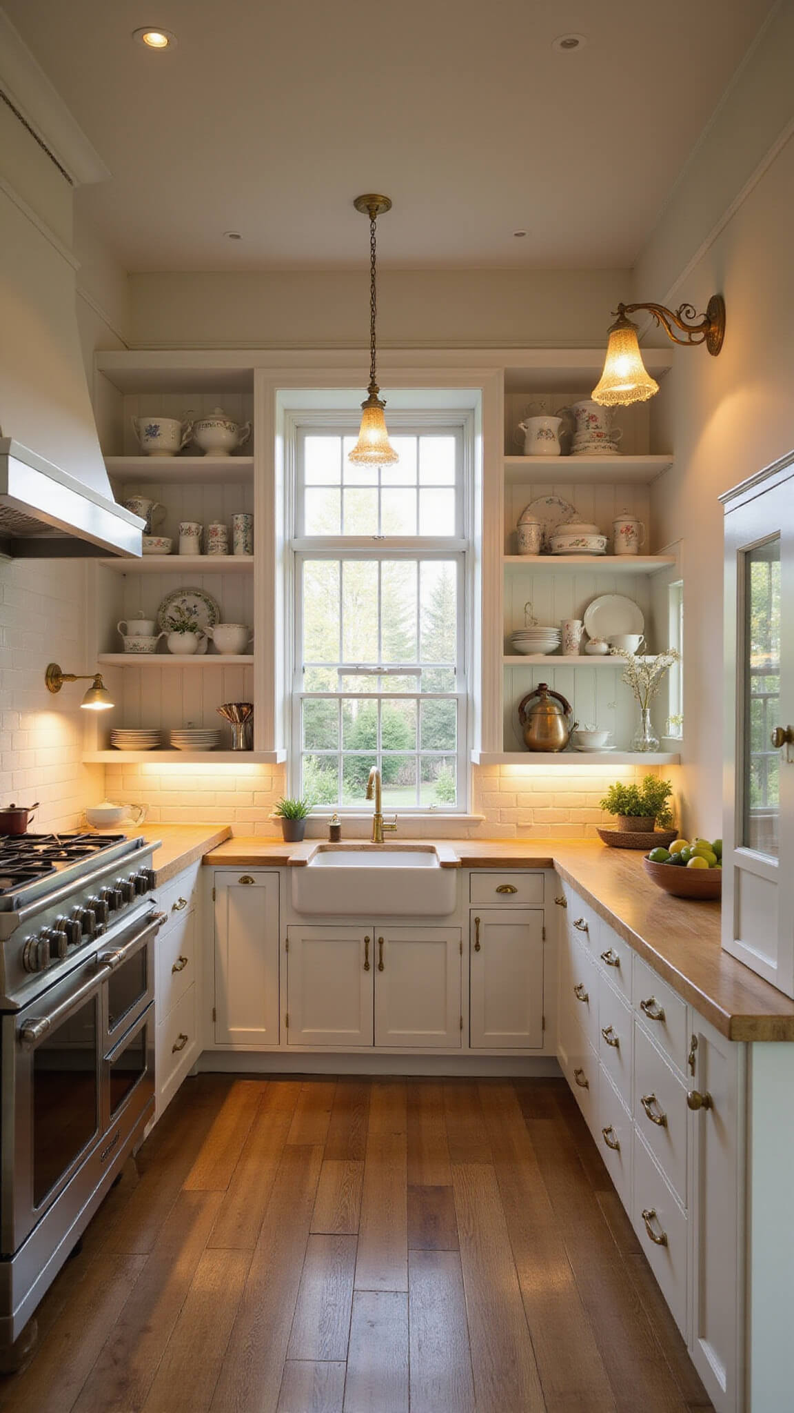 Vintage-style galley kitchen with antique brass sconces, butcher block countertops, white beadboard backsplash, and open zinc shelves displaying ironstone pottery, warmly lit at golden hour.