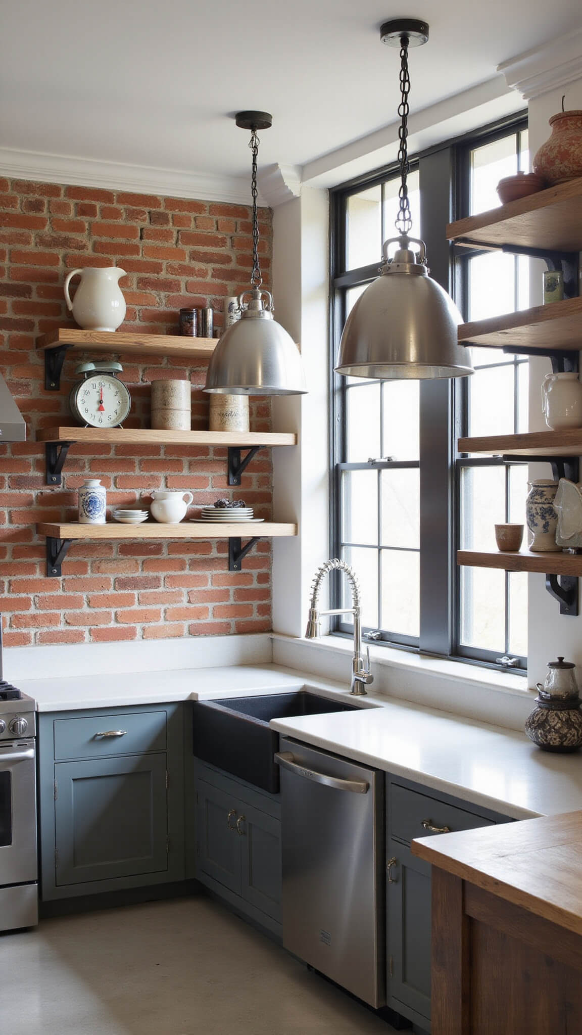 Industrial farmhouse kitchen with brick accent wall, cast iron sink, and pendant lights; open shelving displays vintage decor; morning light through steel-framed windows.