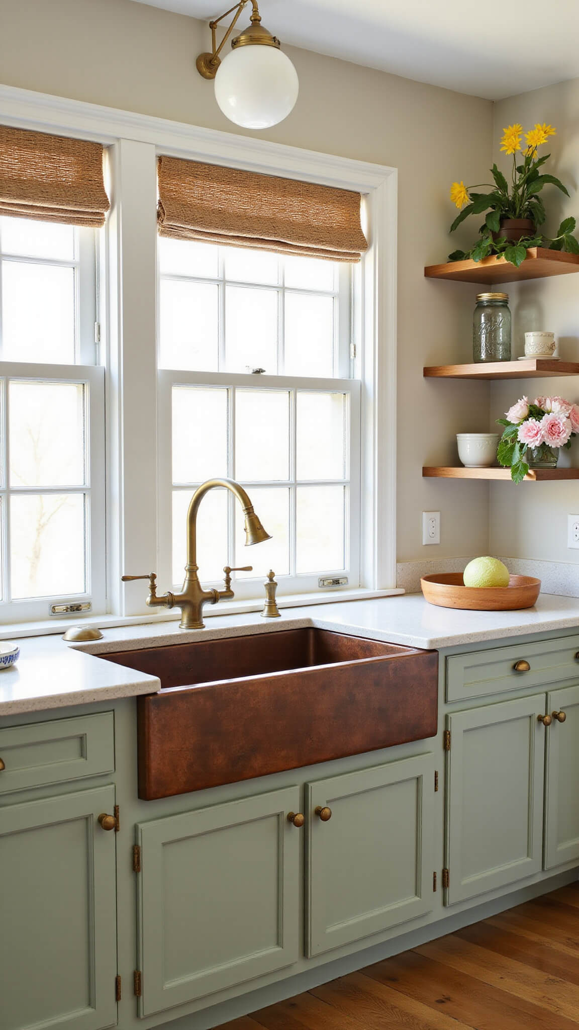 Cozy breakfast nook with copper farmhouse sink, sage green cabinets, globe pendants, and floating shelves adorned with flowers.