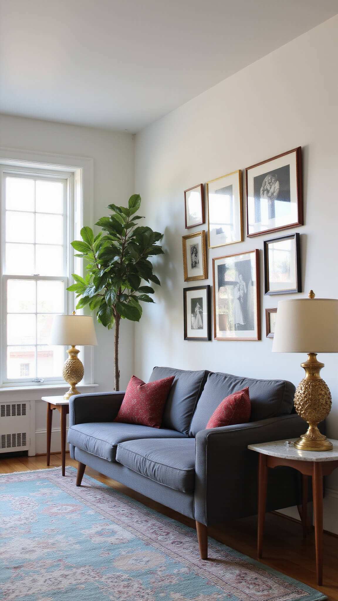 Sunlit modern living room with charcoal sofa, faded Persian rug, mid-century tables, brass lamps, and black-and-white photos in gilded frames.