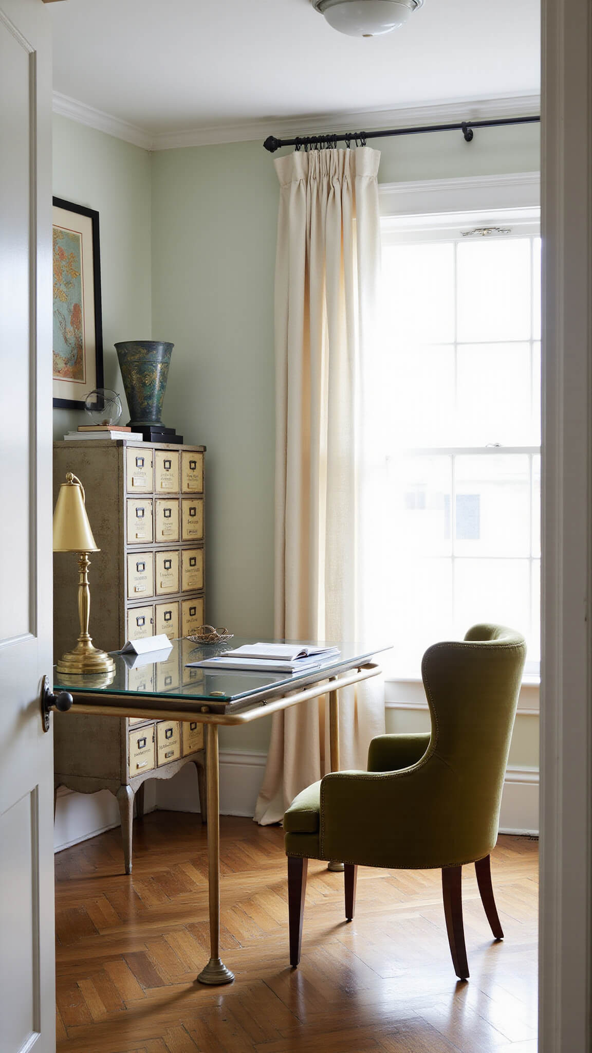 Cozy 12x14ft home office with crown molding, herringbone wood floors, glass-top desk, olive velvet chair, repurposed vintage card catalog, brass lamp, mixed metal accents, and soft morning light through linen curtains.