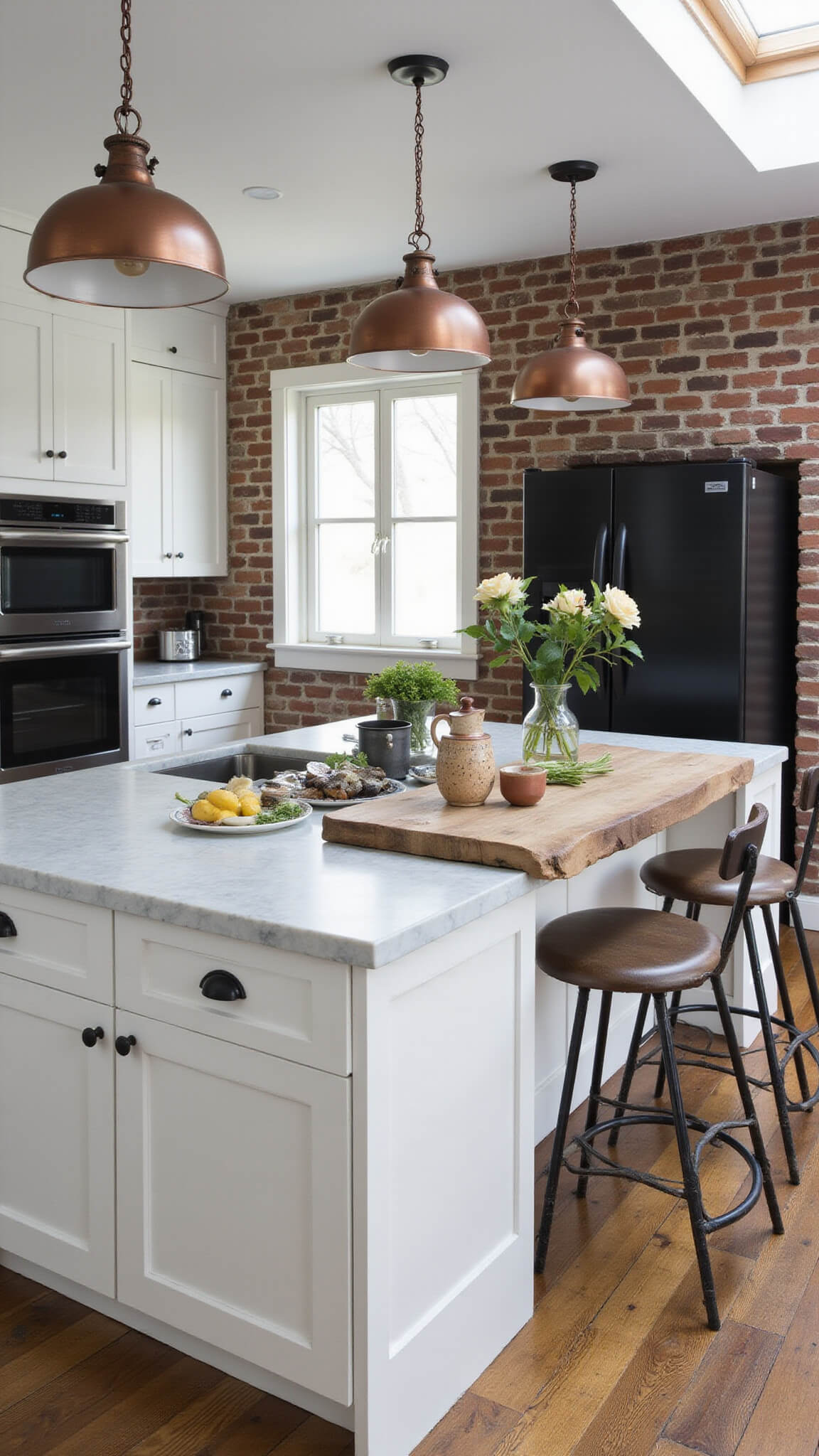 Moody kitchen with marble island, chrome barstools, vintage copper pendants, white cabinets, exposed brick, and ceramics in morning skylight.