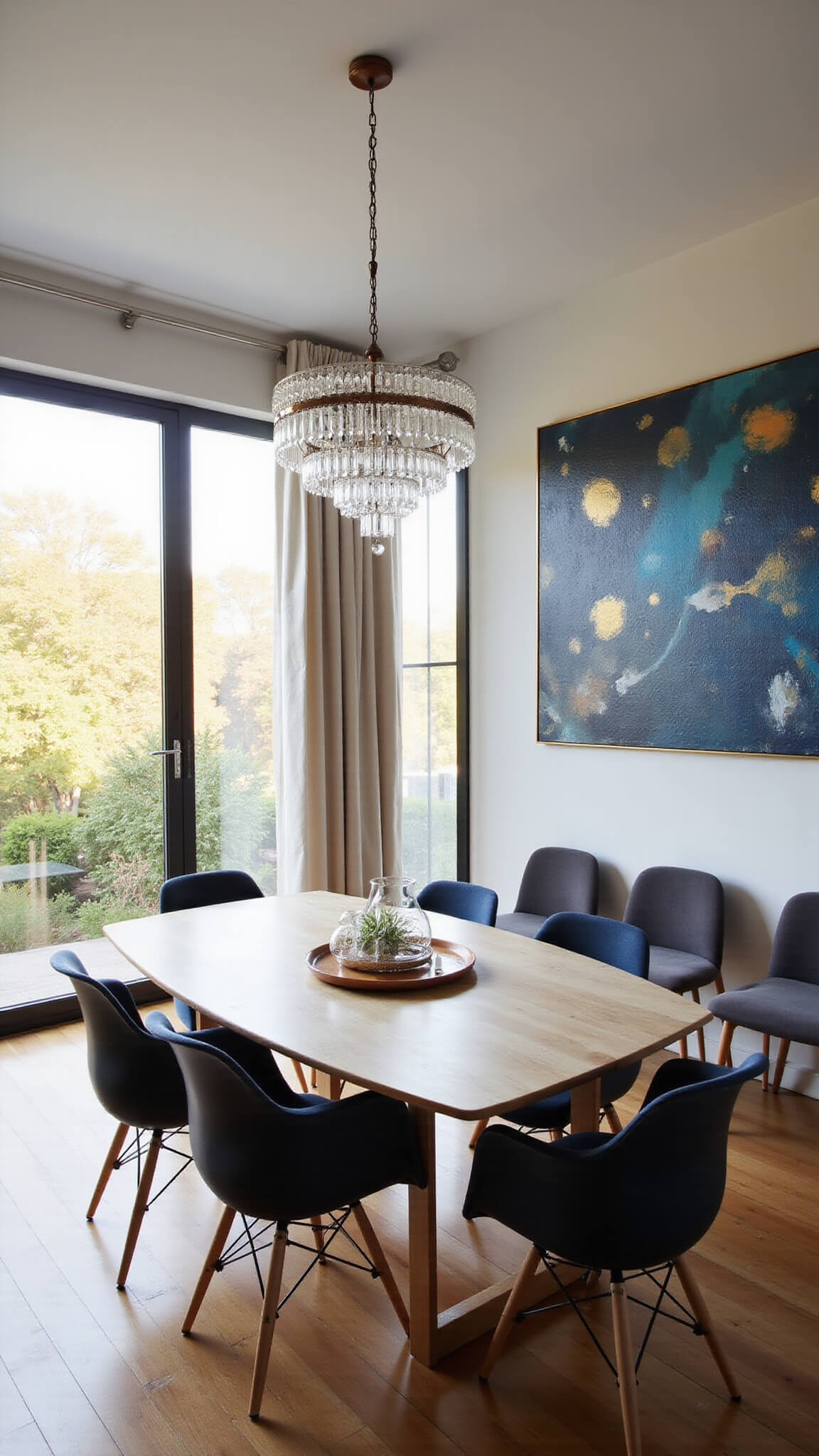 Modern dining room with oval bleached oak table, vintage crystal chandelier, mixed Eames and Victorian charcoal velvet chairs, abstract blue and gold artwork, sheer white drapes, and golden hour lighting.