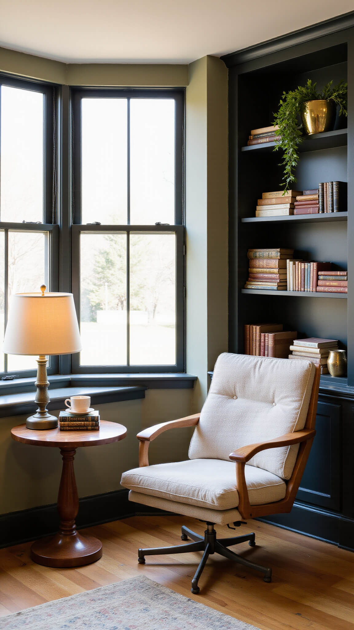 Cozy bay window reading nook with bouclé swivel chair, walnut Art Deco side table, vintage floor lamp, and built-in bookshelves bathed in warm afternoon light.